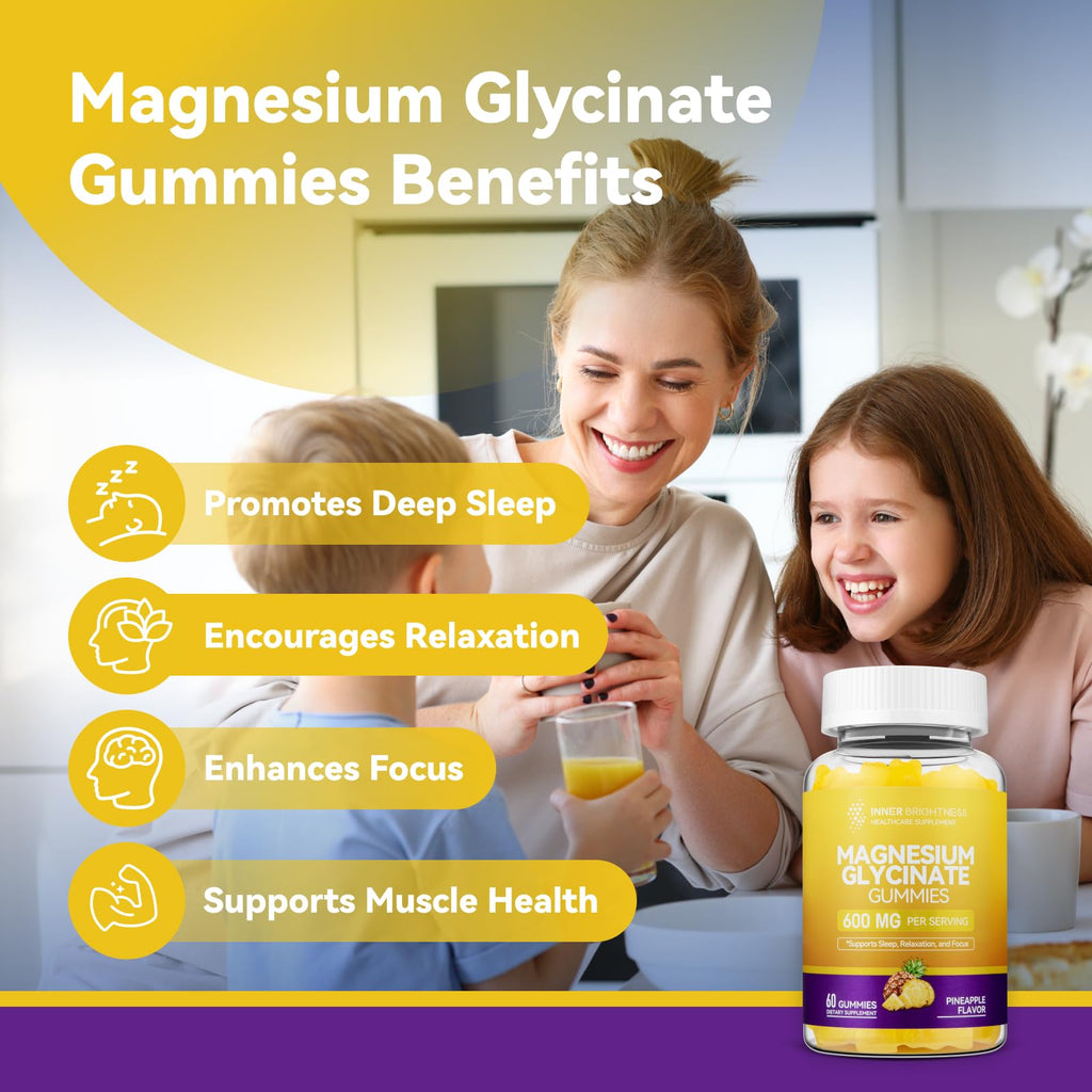Magnesium Glycinate Gummies 600mg, Non-GMO, Gluten-Free, Magnesium Gummies for Adults & Kids, Sleep, Relaxation & Focus