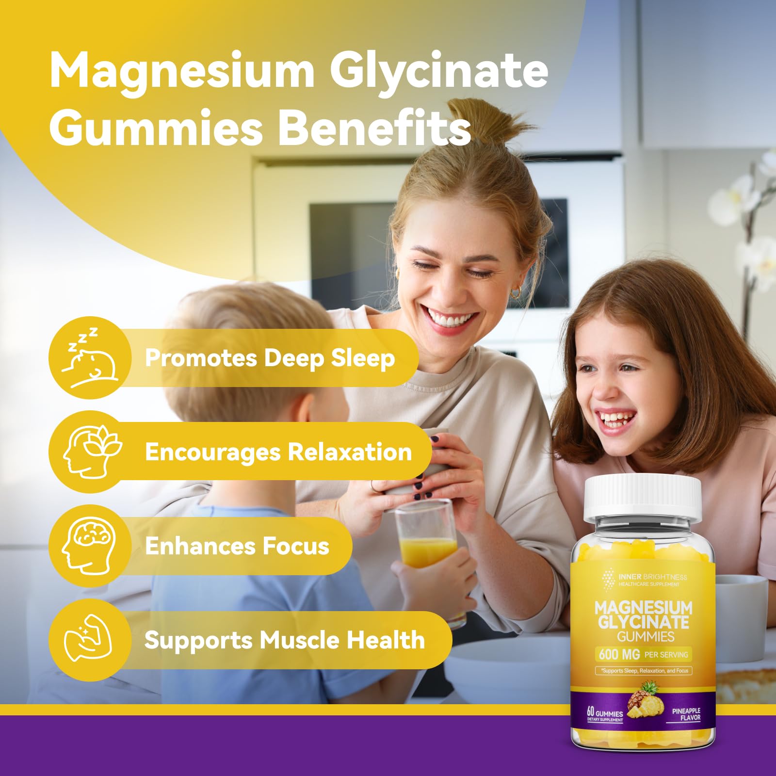 Magnesium Glycinate Gummies 600mg, Non-GMO, Gluten-Free, Magnesium Gummies for Adults & Kids, Sleep, Relaxation & Focus