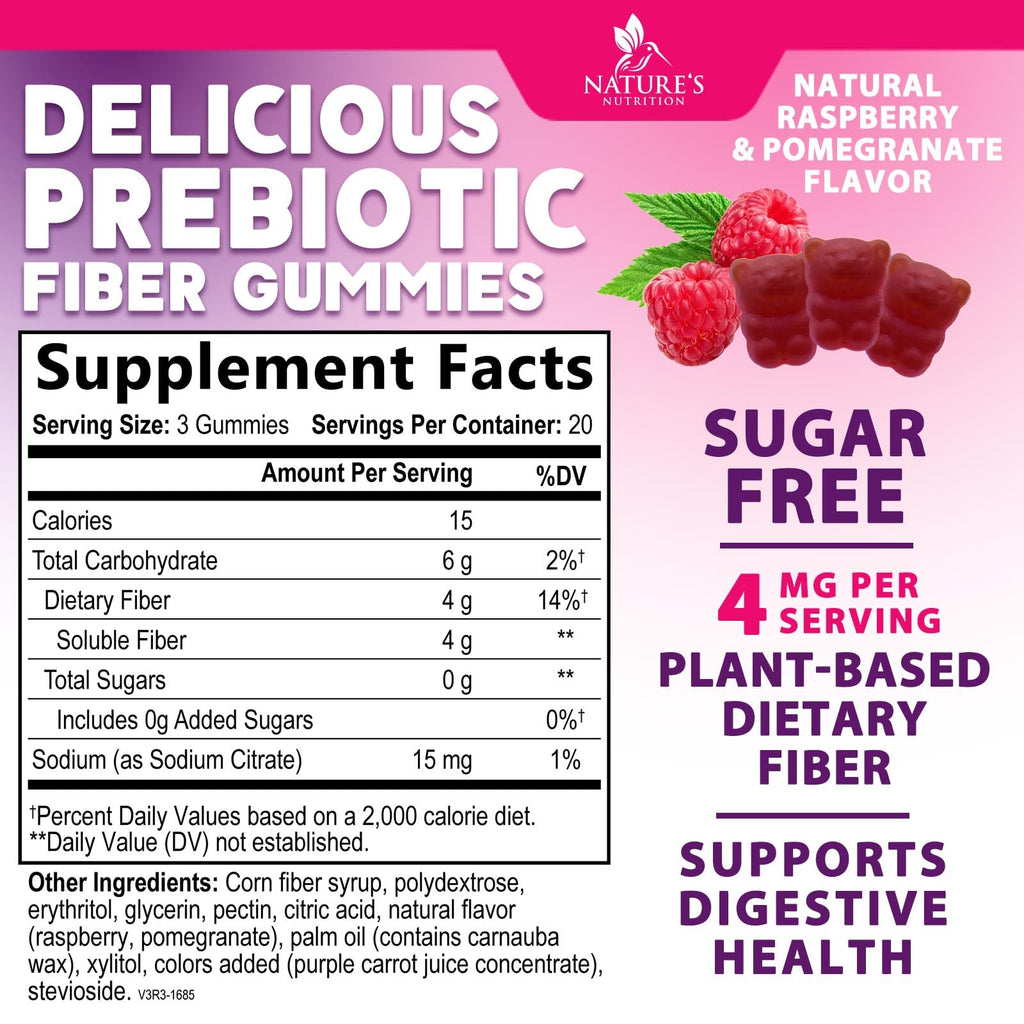 Fiber Gummies – Sugar Free Prebiotic Plant-Based Fiber 4g per Serving Supplement - Improved Soluble Formula Supports Digestive Health & Regularity - Non-GMO,