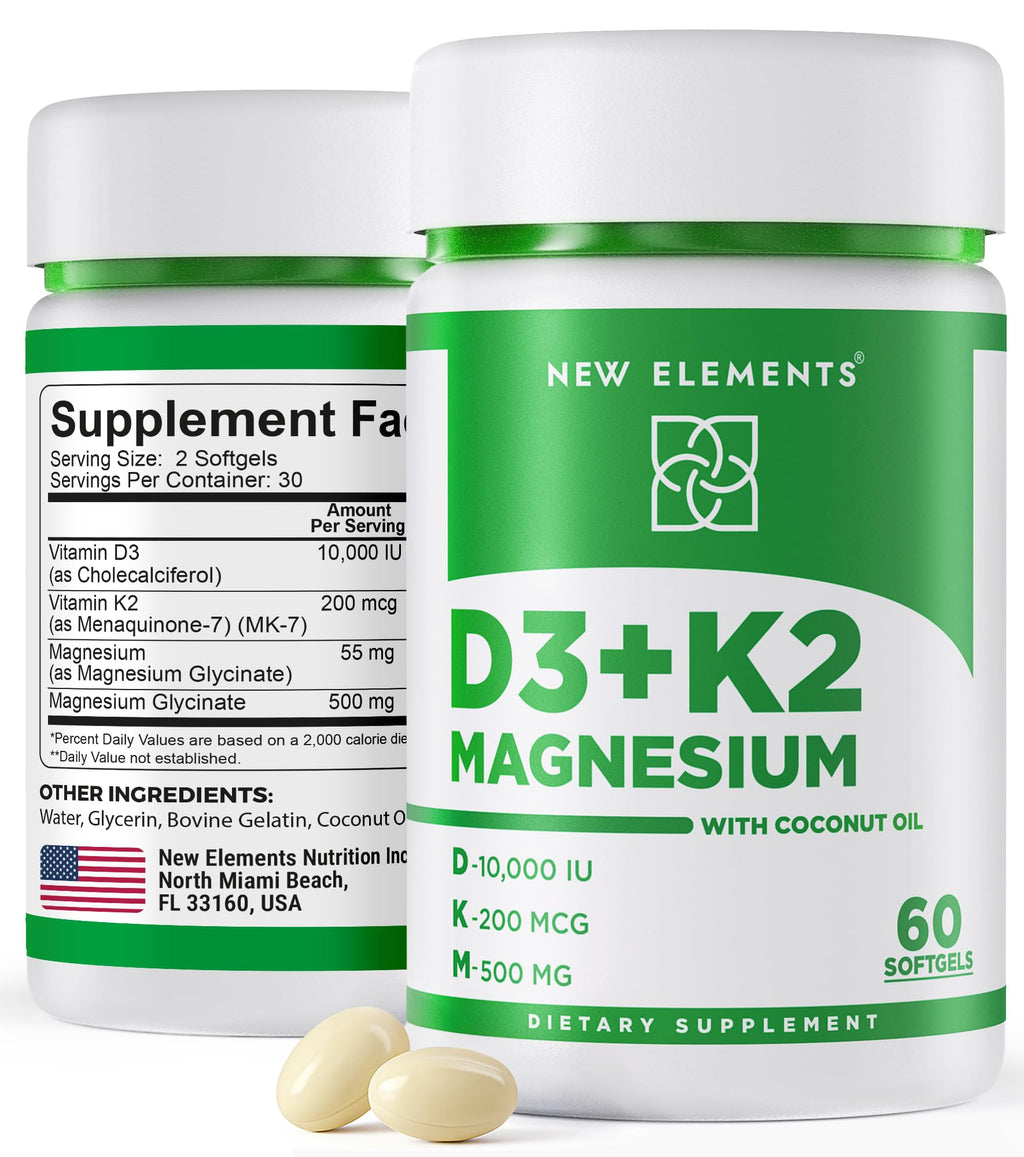 New Elements Vitamin D3 K2 10,000 IU with Magnesium Glycinate 500mg - Bone Health, Immune Support, Energy & Mood - Non-GMO, Gluten-Free