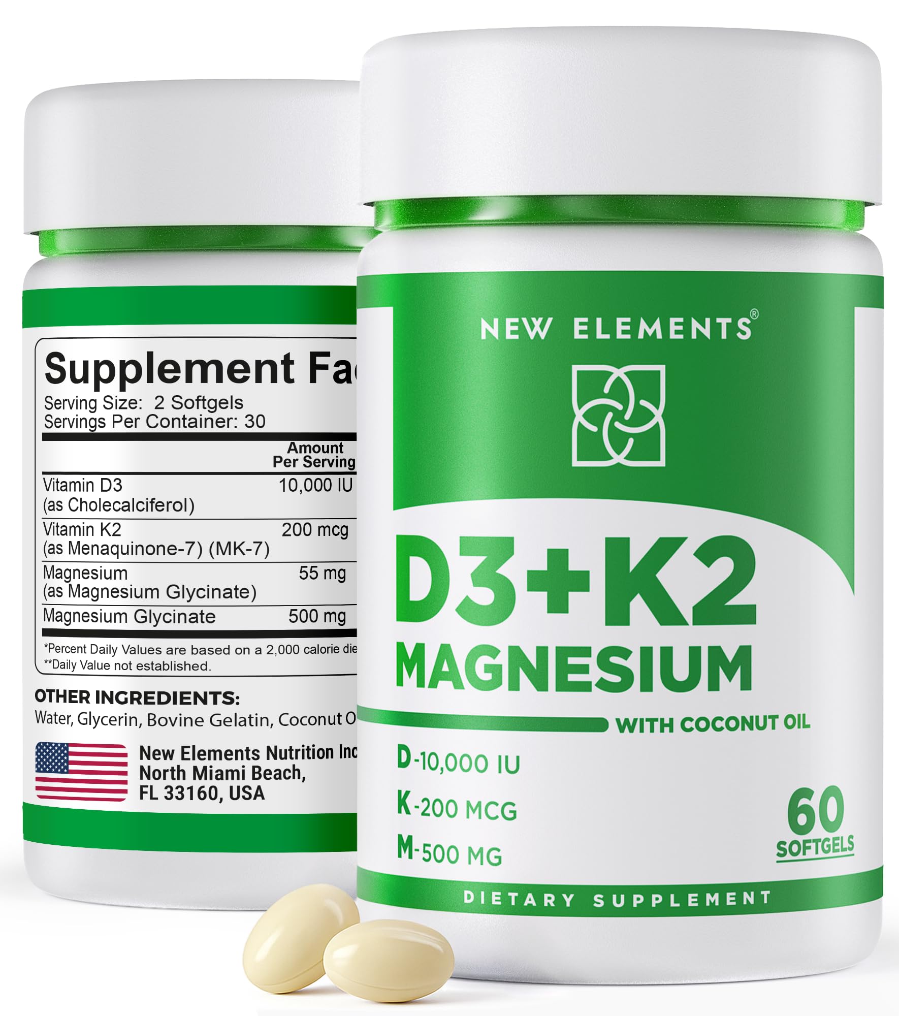New Elements Vitamin D3 K2 10,000 IU with Magnesium Glycinate 500mg - Bone Health, Immune Support, Energy & Mood - Non-GMO, Gluten-Free