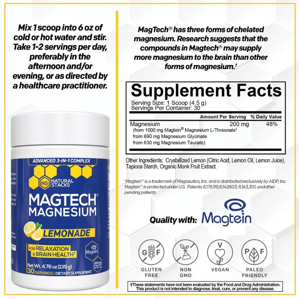 Magtein Magnesium L-Threonate, Glycinate & Taurate - MagTech Magnesium Powder - Sugar Free Lemonade Drink - 200mg Chelated Triple Complex - Supports Relaxation & Brain Health* - 30 Servings NATURAL STACKS Au supplements