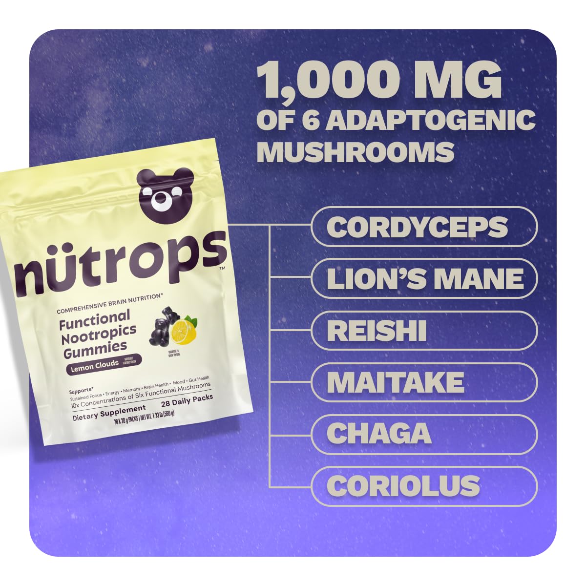 Nutrops Lions Mane Mushroom Gummies for adults, Functional Nootropics, Herbal Brain Supplement for Energy, Brain Health, Cognitive, Memory & Focus, Reishi, Chaga, Cordyceps, Coriolus, 28 daily Packs Grüns Au supplements