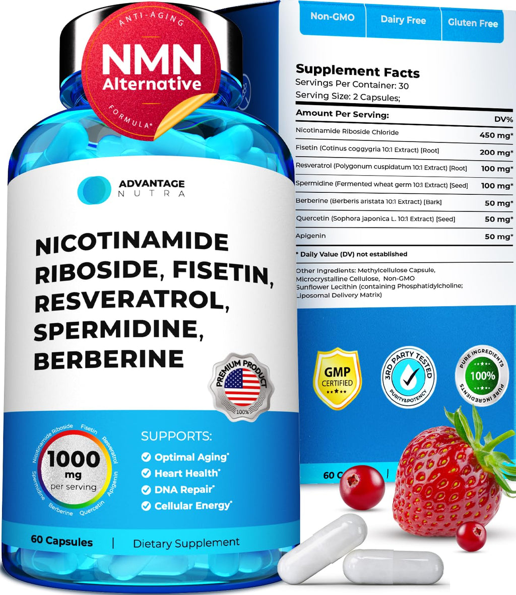 AdvantageNutra Liposomal Nicotinamide Riboside NR Supplement Resveratrol NAD : Nicotinamide 500mg w/Fisetin, Resveratrol Powder Spermidine Berberine NAD Resveratrol Supplement 500 mg - 60 caps 1 Pack AdvantageNutra Au supplements