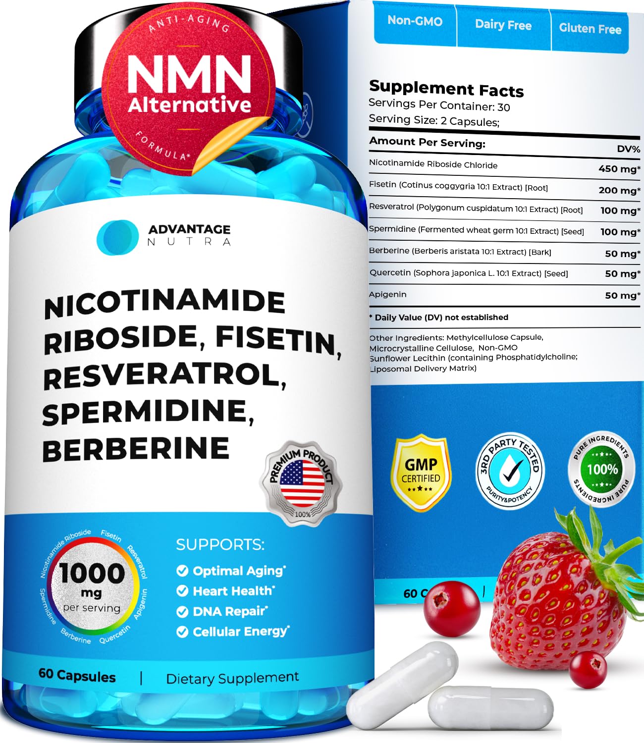 AdvantageNutra Liposomal Nicotinamide Riboside NR Supplement Resveratrol NAD : Nicotinamide 500mg w/Fisetin, Resveratrol Powder Spermidine Berberine NAD Resveratrol Supplement 500 mg - 60 caps 1 Pack AdvantageNutra Au supplements