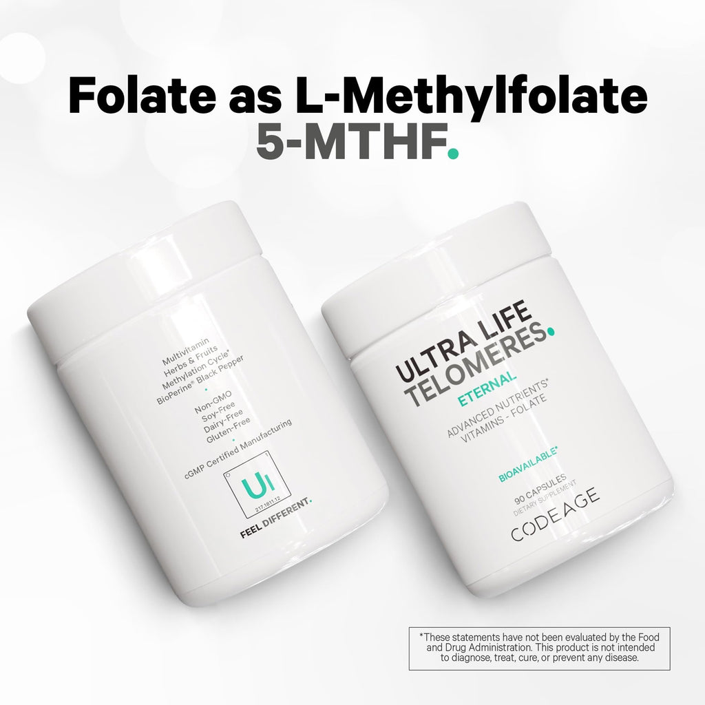 Codeage Ultra Life Telomeres Supplement - 5 MTHF Folate Vitamin B9, Vitamin B12 Methylcobalamin, Vitamin D3, L-Theanine, Ashwagandha - 3-Month Supply - DNA, Methylation Cycle - Non-GMO - 90 Capsules Codeage Au supplements