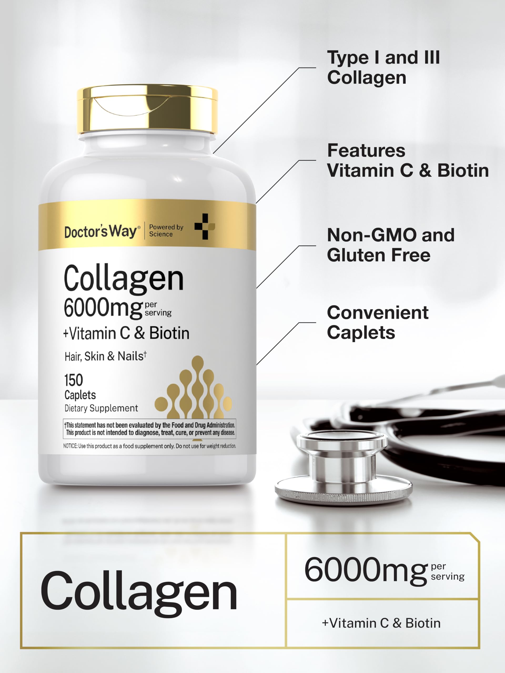 Doctor's Way Collagen Complex | 150 Caplets | with Vitamin C and Biotin | Non-GMO, Gluten Free Supplement
