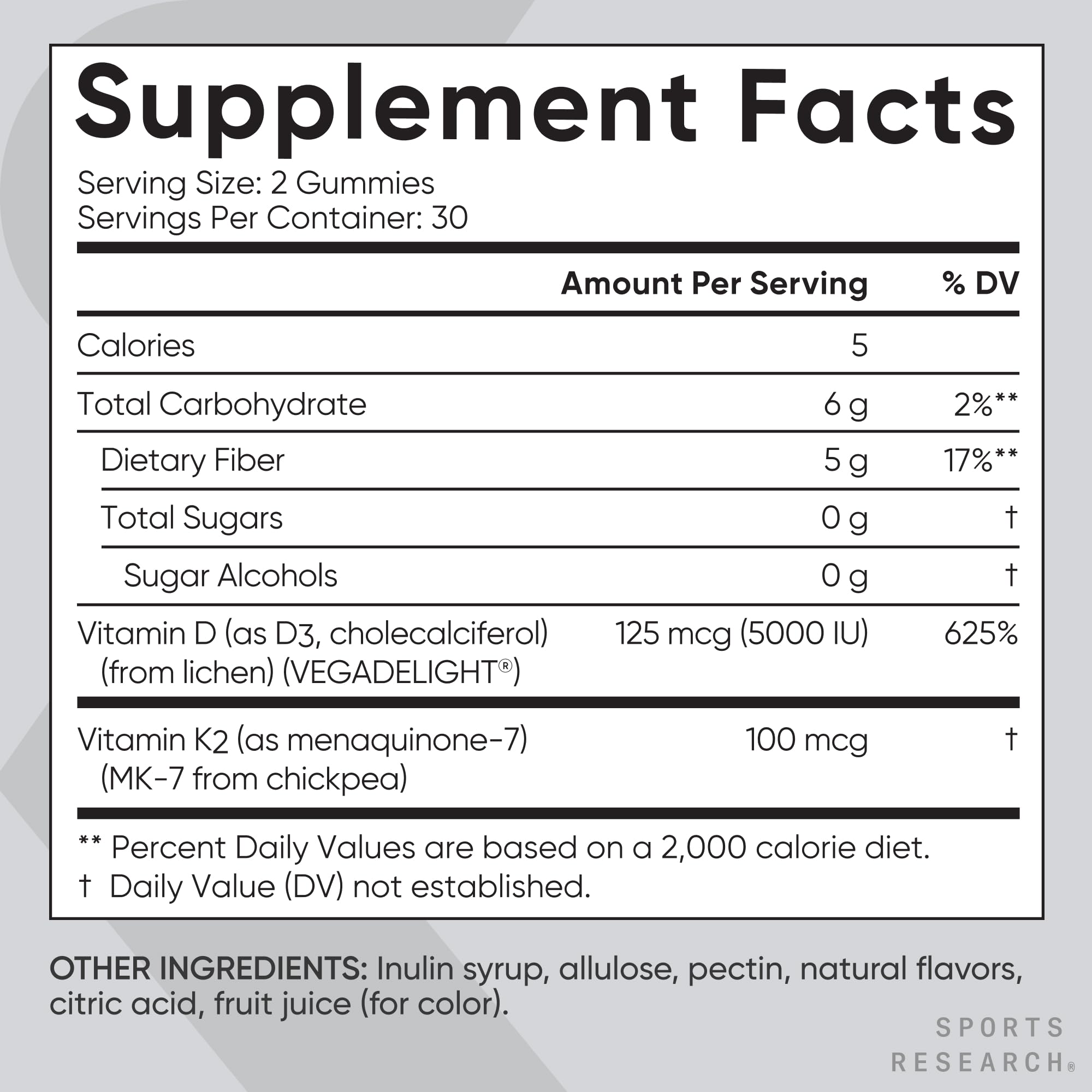 Sports Research® Vegan Vitamin D3 + K2 Sugar-Free Gummies - 125mcg (5000iu) Vitamin D w/ 100mcg Mk7 Vitamin K - Supports Bone & Immune Health