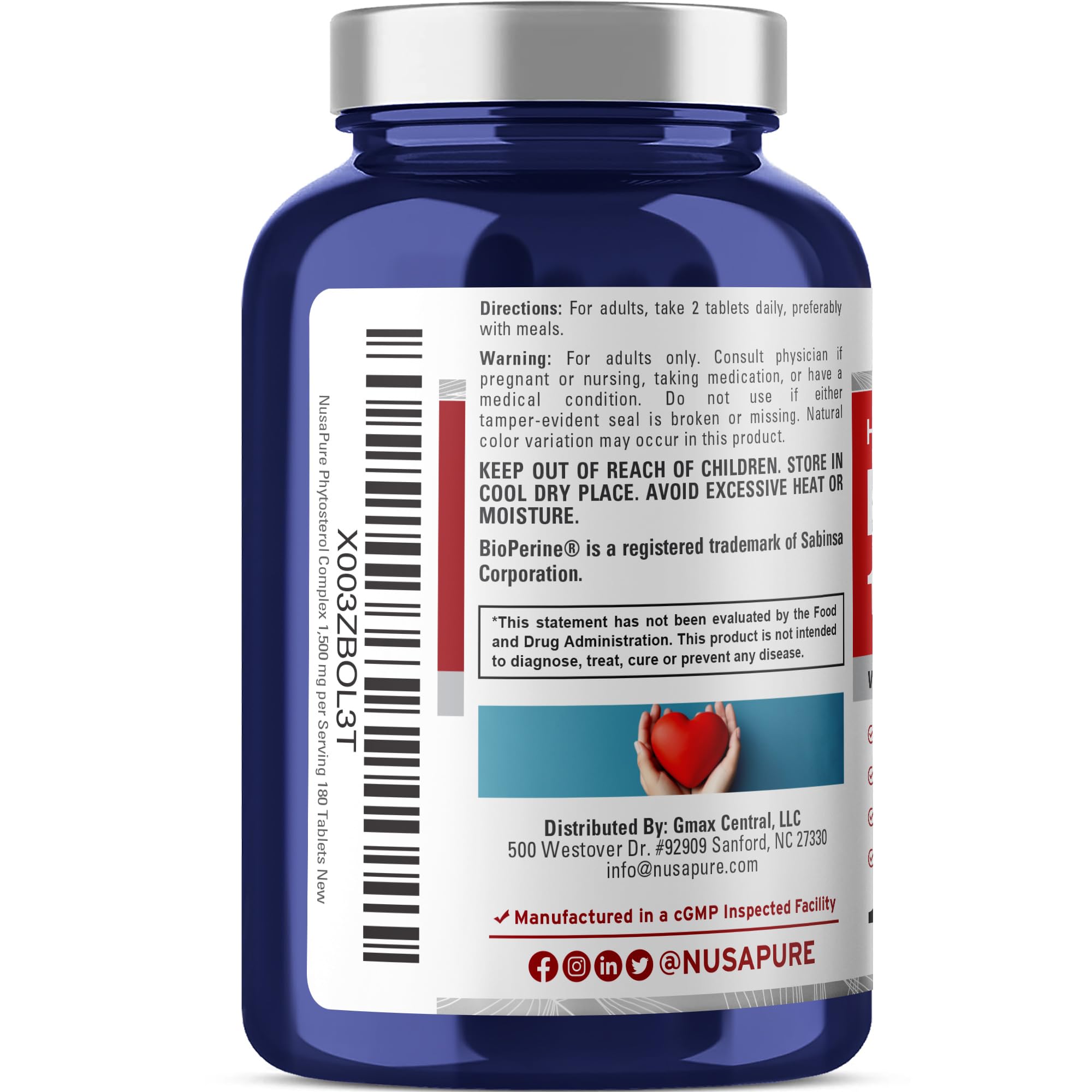 NusaPure Plant Sterols 1500 mg - 180 Tablets (Non-GMO, Vegan) Beta Sitosterol, Bioperine NusaPure Au supplements