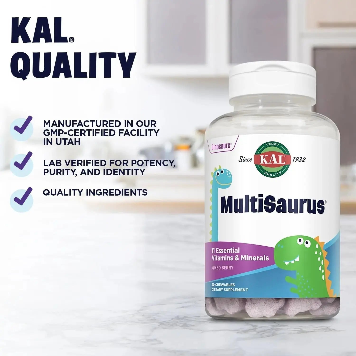 KAL MultiSaurus Kids Chewable Multivitamins, 11 Essential Vitamins and Minerals for Kids, Mixed Berry Flavor, Gluten and Preservative Free KAL Au supplements