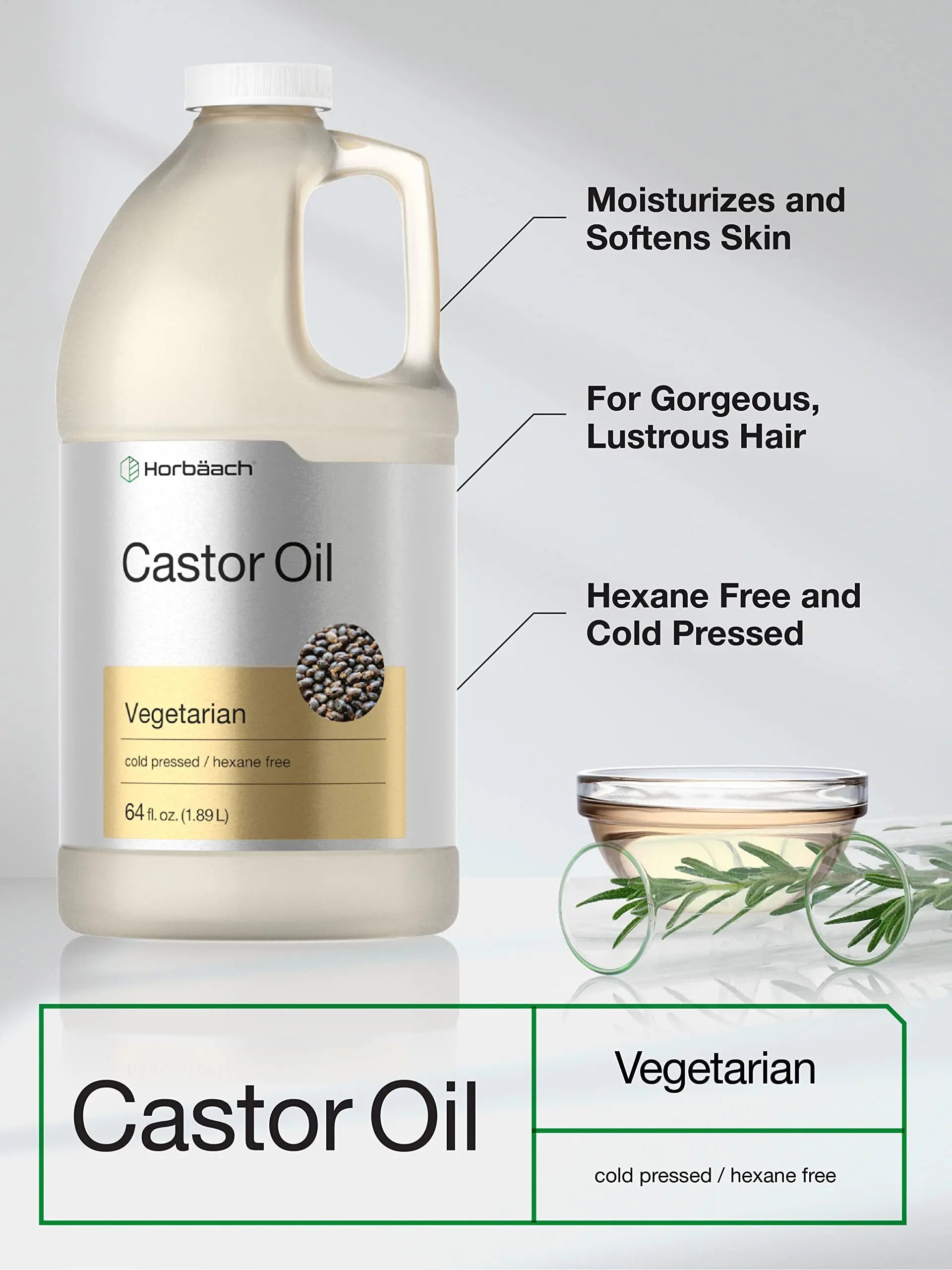 Castor Oil 64oz | for Hair Health, Eyelashes & Eyebrows | Hexane Free & Cold Pressed Horbäach Au supplements