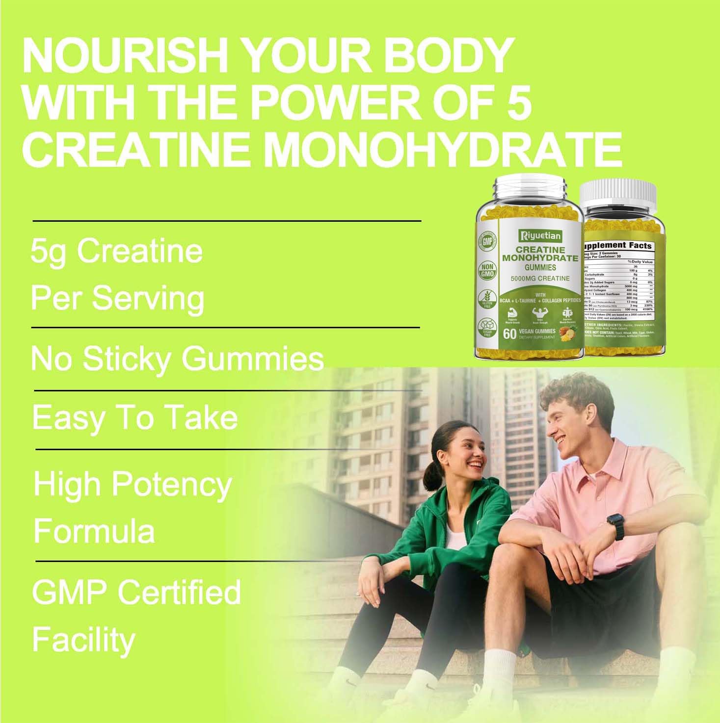 Riyuetian Creatine Monohydrate Gummies, Creatine for Men & Women, Chewable Creatine for Enhancing Focus and Endurance, 5g Creatine per Serving, Sugar-Free, 60 Count Riyuetian Au supplements