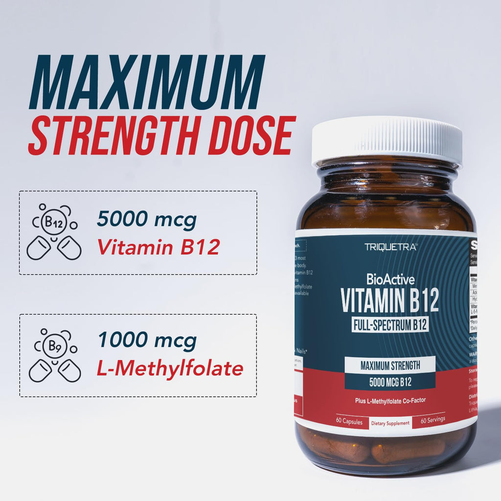BioActive Vitamin B12 - 5000 mcg, Contains 3 BioActive Forms B12 Plus Methylfolate Cofactor - Methyl B12, Adenosyl B12 & Hydroxy B12 | Supports Energy