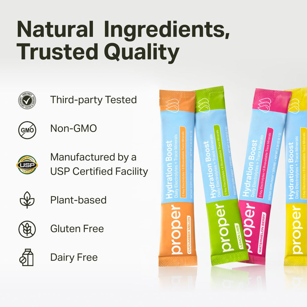 Proper Hydration Sticks – Electrolyte Powder Drink Mix Packets with Trace Minerals for Rapid Hydration – Naturally Flavored – No Artificial Sweeteners