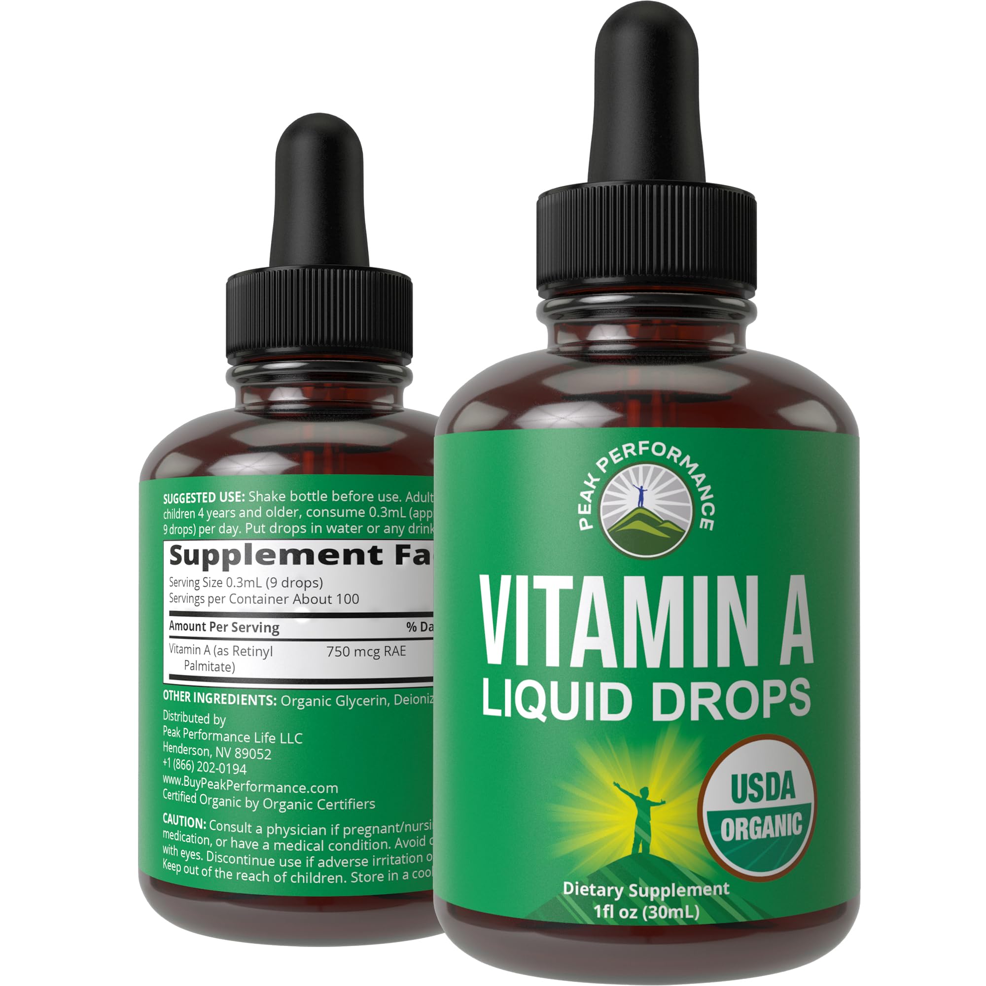 USDA Organic Vitamin A Liquid Drops Supplement. Vegan High Bioavailability for Eye, Skin + Bone Health. for Adults, Men, Women, Kids. Vit A Oil Retinyl Palmitate. Gluten Free, Zero Sugar. 100 Servings Peak Performance Au supplements