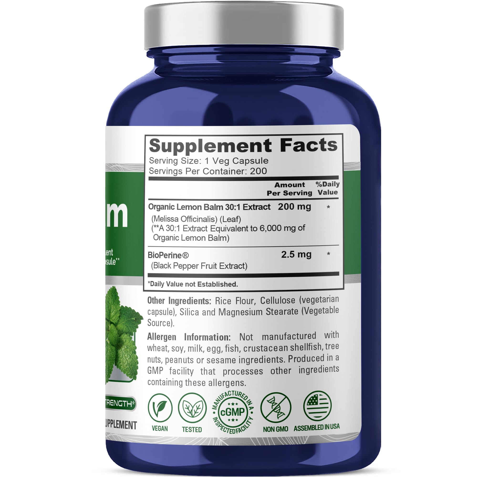 NusaPure Lemon Balm 30:1 Extract, 200 mg Equivalent to 6000mg Per Vegan Caps - 200 Count Non-GMO, Vegan Bioperine NusaPure Au supplements