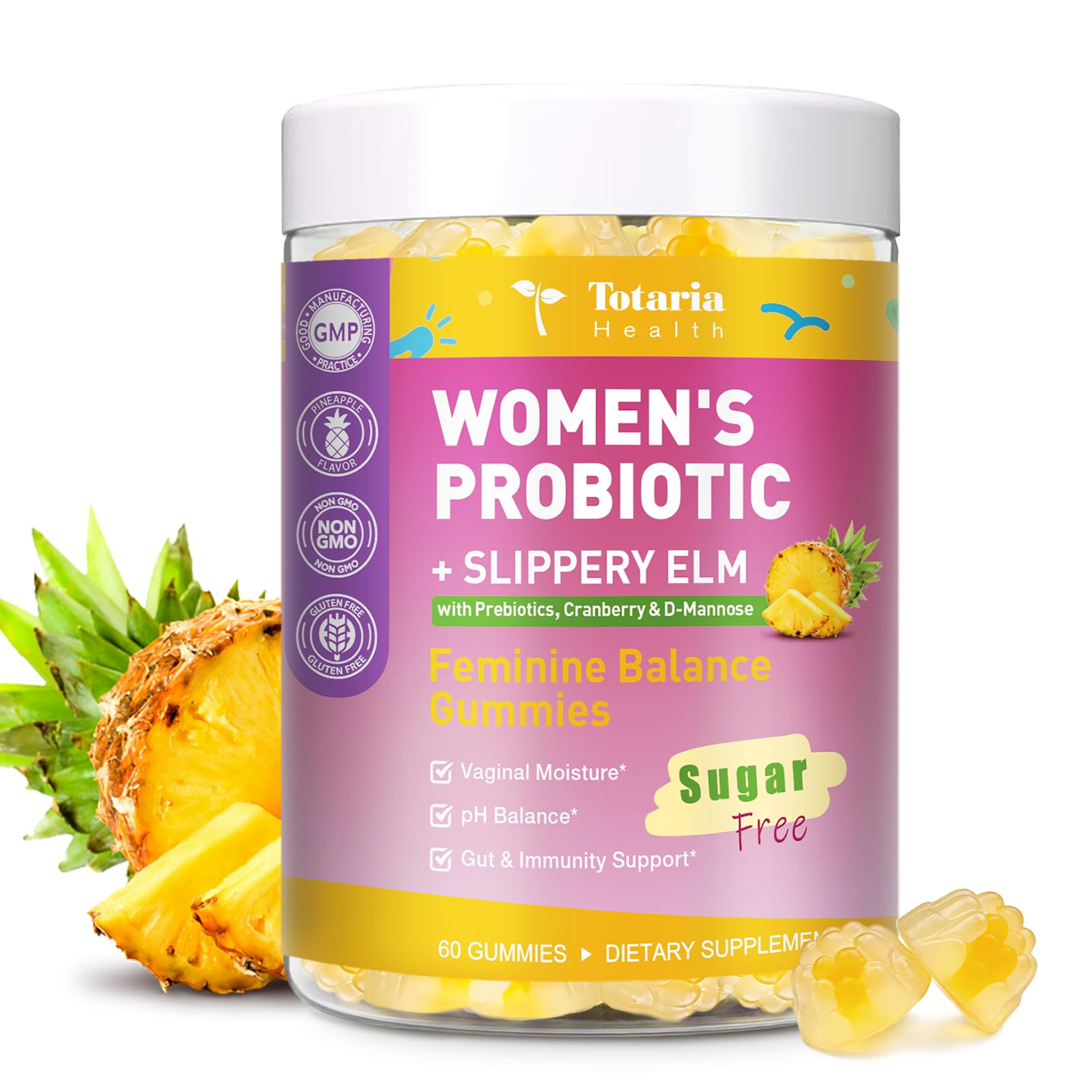 Totaria Sugar Free Probiotics for Women, Feminine Balance Gummies, 50 Billion CFU Vaginal Probiotic Prebiotic w/Slippery Elm, Cranberry, for Vaginal, Urinary Tract