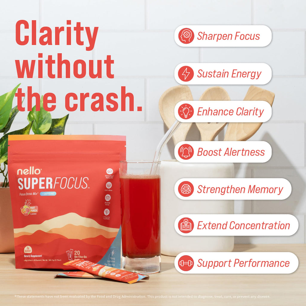Nello Superfocus – Nootropic Focus Drink Mix for Productivity, Caffeine, L-Theanine, Rhodiola Rosea, Alpha-GPC, Lion’s Mane, Tyrosine, Sugar-Free Packets - With Caffeine (Pack of 20) (20 Servings (Caffeine), Fruit Punch) Nello Au supplements