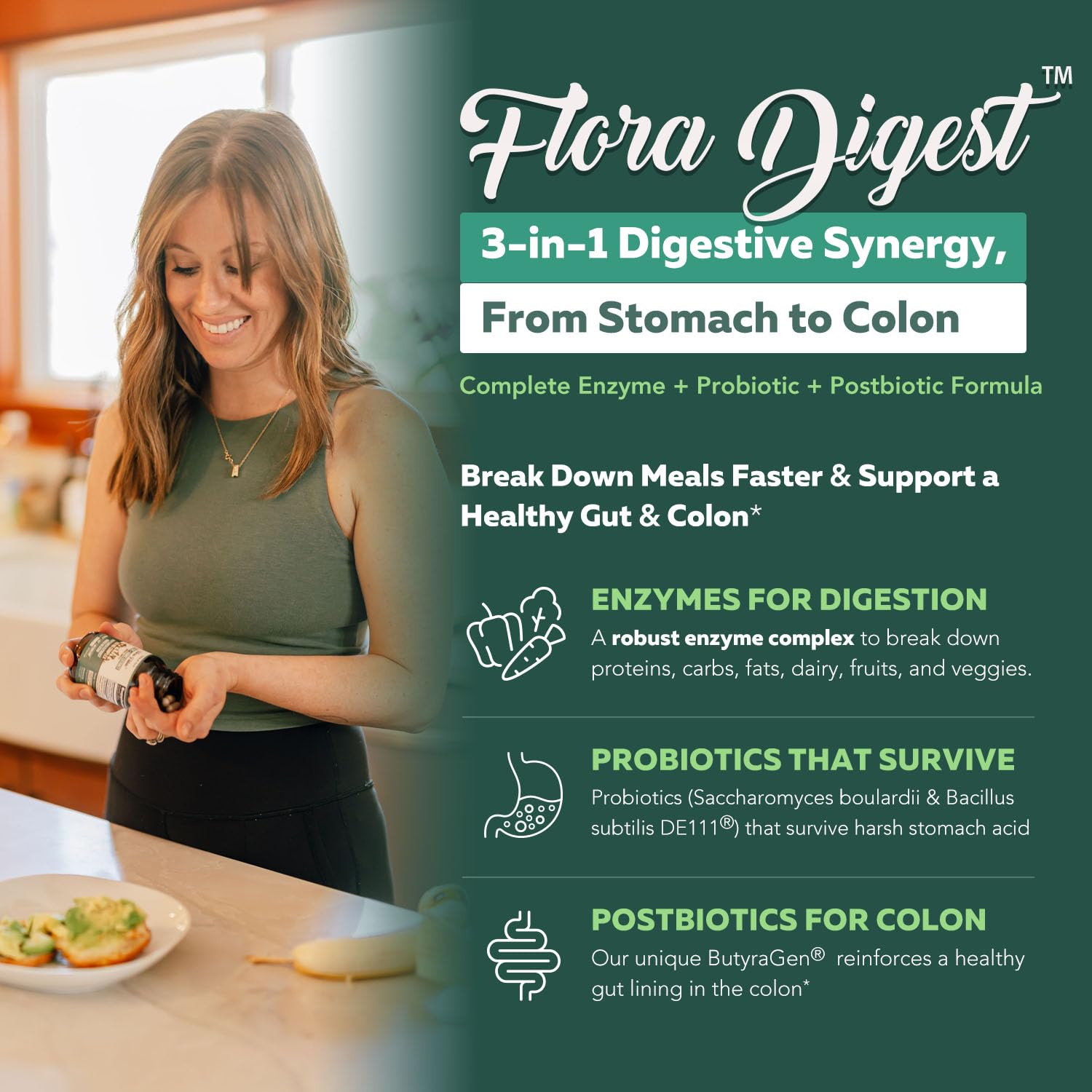 Flora Digest - 3-in-1 Max Strength Digestive Enzymes + Gut Surviving Probiotics & ButyraGen® Postbiotic for Optimal Digestion, Bloating Relief, Regularity, Gut Lining & Colon Support - (30 Capsules) Triquetra Health Au supplements