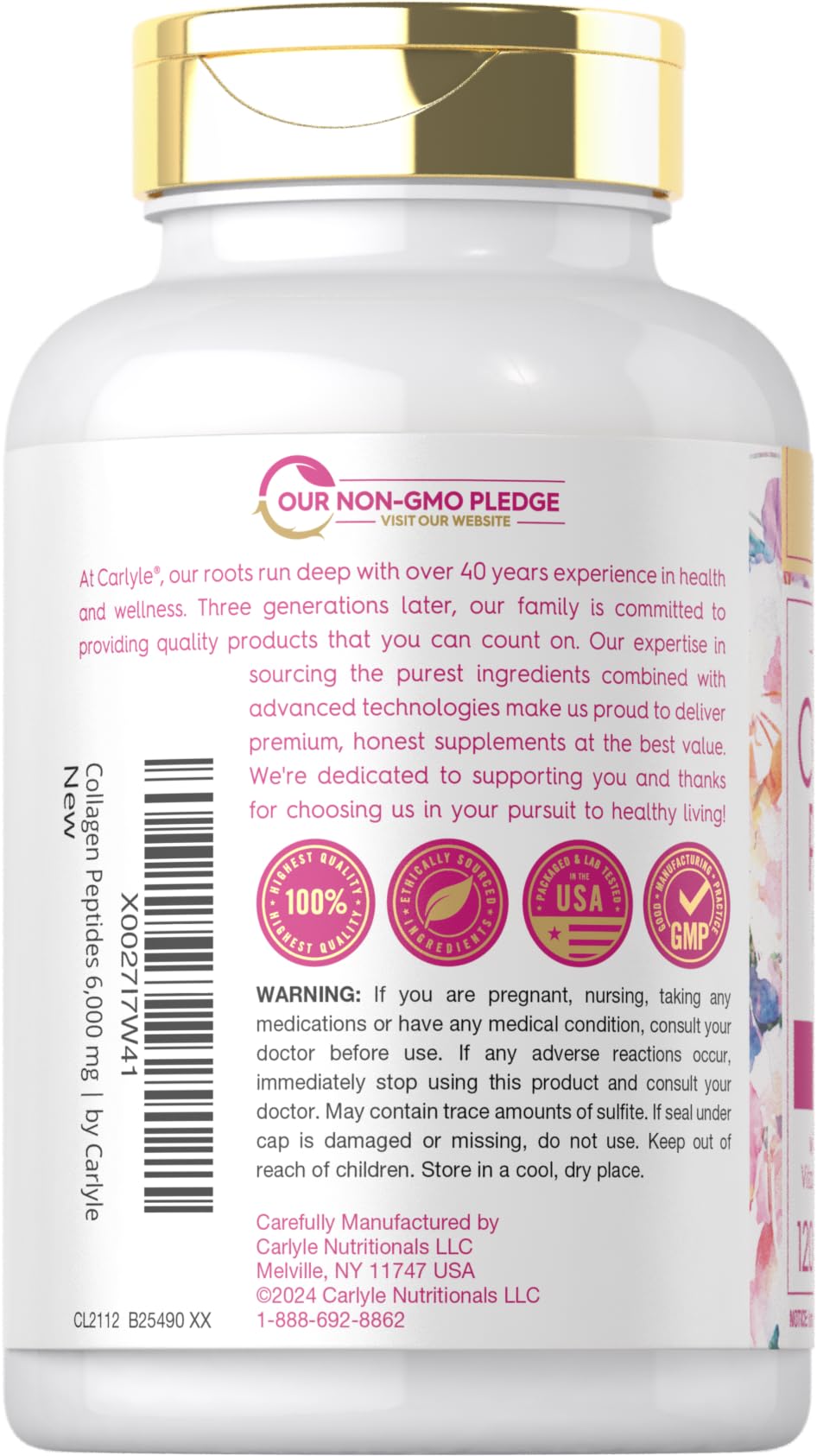 Carlyle Collagen Peptides with Vitamin C | 6000mg | 120 Caplets | Grass Fed Type II & III | Beauty Formula | Non-GMO, Gluten Free Supplement