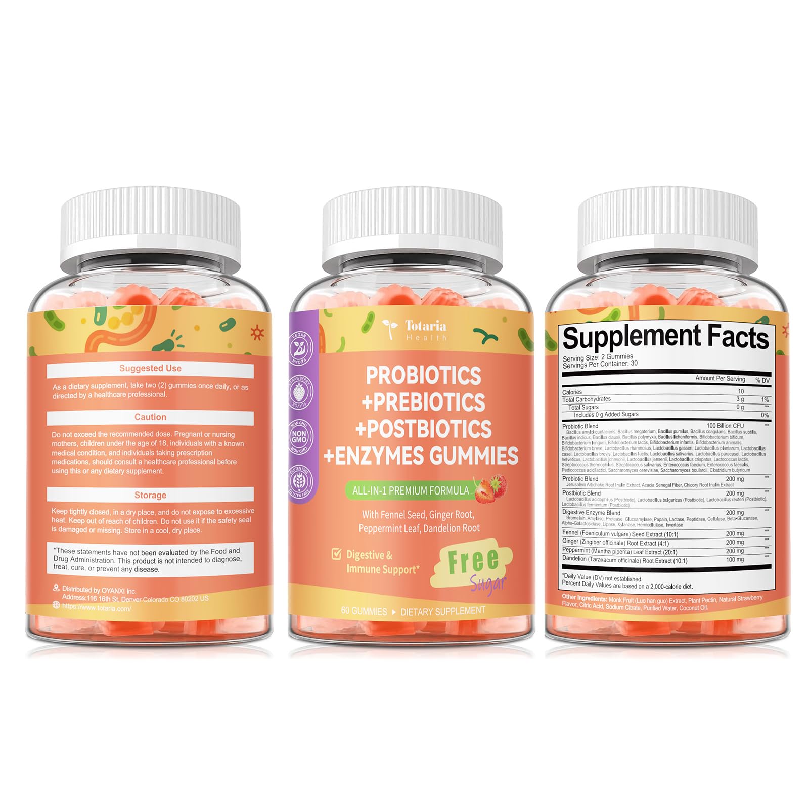 Totaria Sugar Free 5-in-1 Probiotic Prebiotic Postbiotic Gummy, 36 Strains Probiotics for Women Men with Digestive Enzymes, Peppermint, Complete Immune,