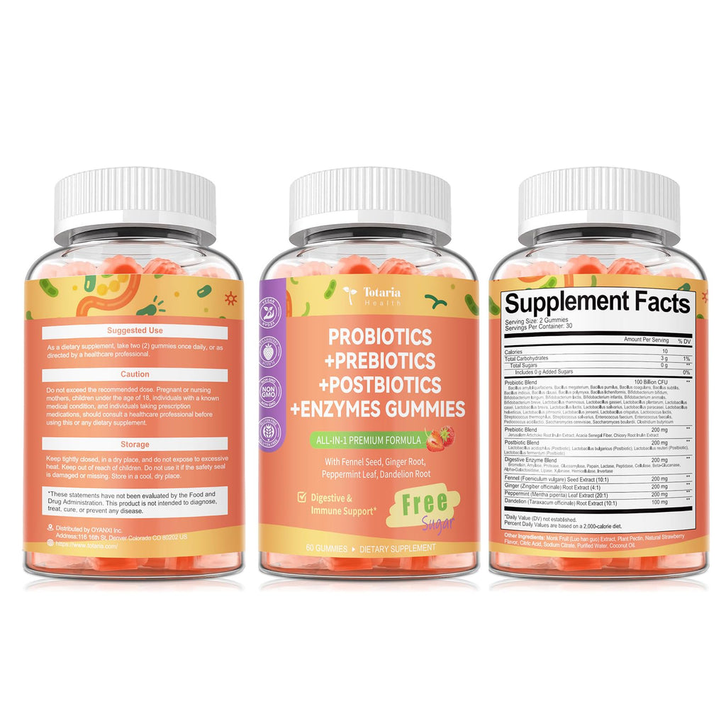 (2 Packs) Totaria Sugar Free 5-in-1 Probiotic Prebiotic Postbiotic Gummy, Probiotics for Women Men with Digestive Enzymes, Peppermint, Complete Immune, Gut & Digestive Support, Vegan Strawberry Flavor Totaria Au supplements