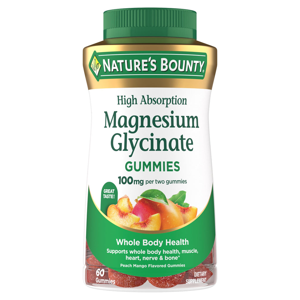 Nature’s Bounty High Absorption Magnesium Glycinate Gummies, 100 mg Magnesium Per Serving, Whole Body Health, No Stick Gummy, Peach Mango Flavor