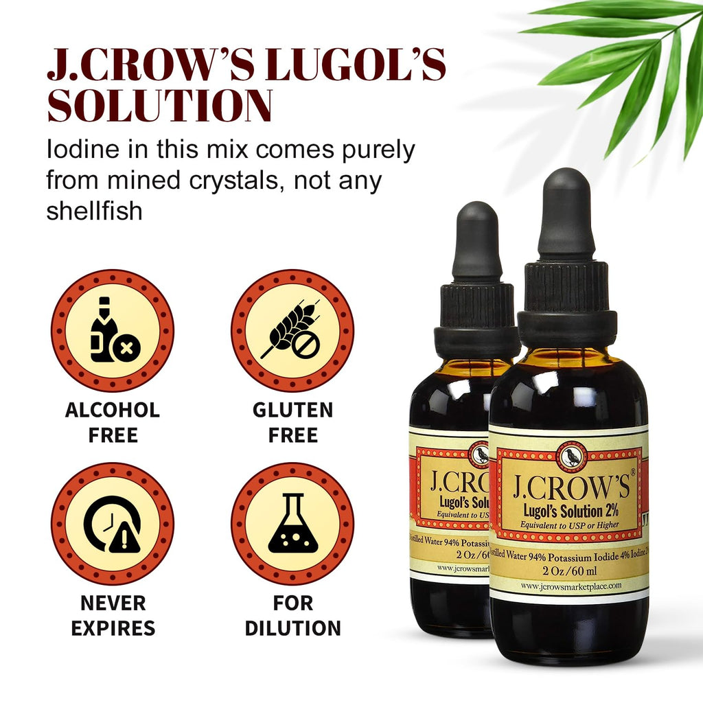 J.CROW'S® Lugol's Solution of Iodine 2% 2 oz (1 Bottle) – Premium Iodine & Potassium Iodide Liquid, Gluten