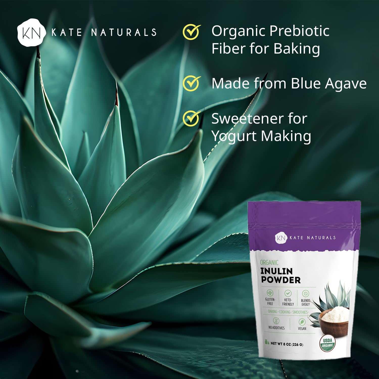 Kate Naturals Inulin Powder Organic from Blue Agave (8oz) Soluble Prebiotic Fiber for Coffee, Yogurt & Smoothies
