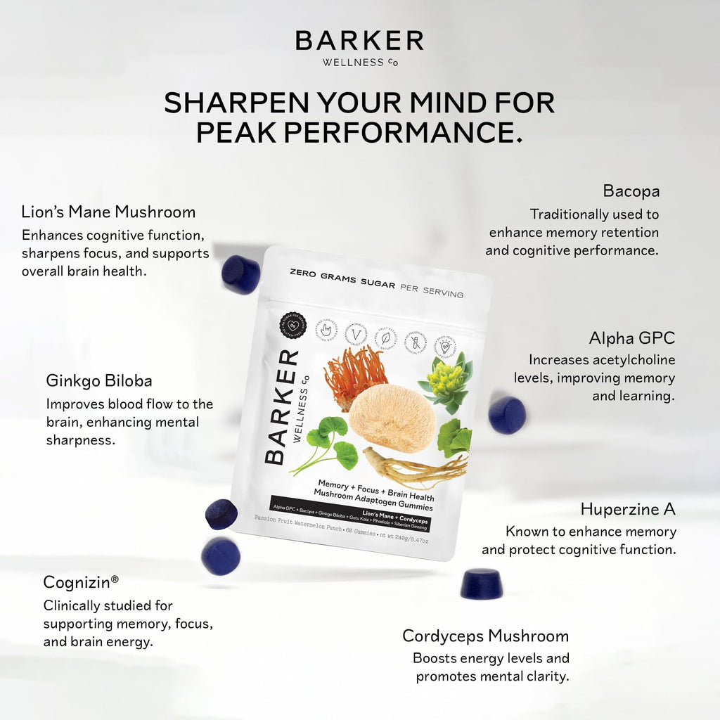 Barker Wellness Mushroom Adaptogen Gummies for Memory & Focus, Brain Health Supplement with Lion's Mane, Cordyceps, Cognizin, Vegan, Sugar-Free Passion Fruit Watermelon Flavor- 60 Count
