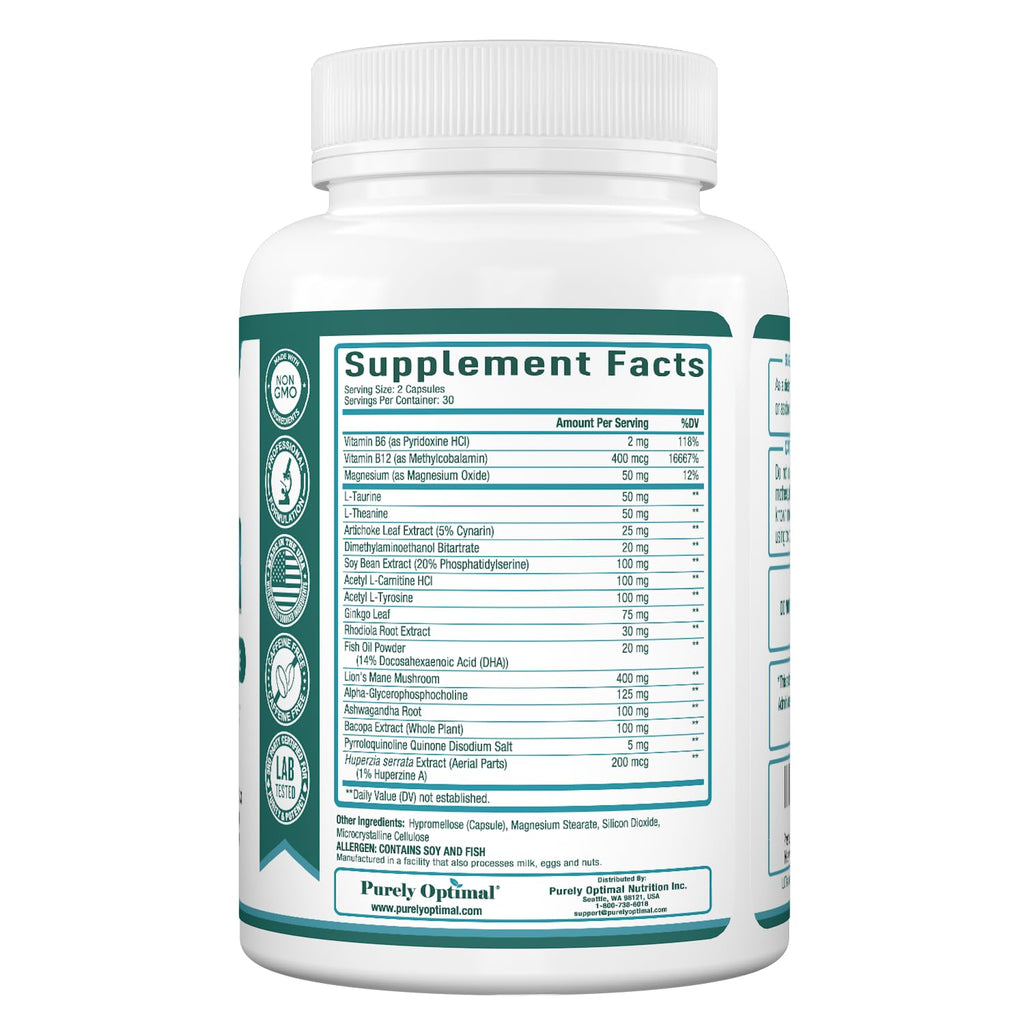 Purely Optimal Brain Booster Nootropic Supplement – Brain Support for Memory, Focus, Clarity, Jitter-Free Energy for Adults, Seniors– with Ginkgo Biloba, Alpha GPC, Lion’s Mane – 60 Capsules Purely Optimal Au supplements