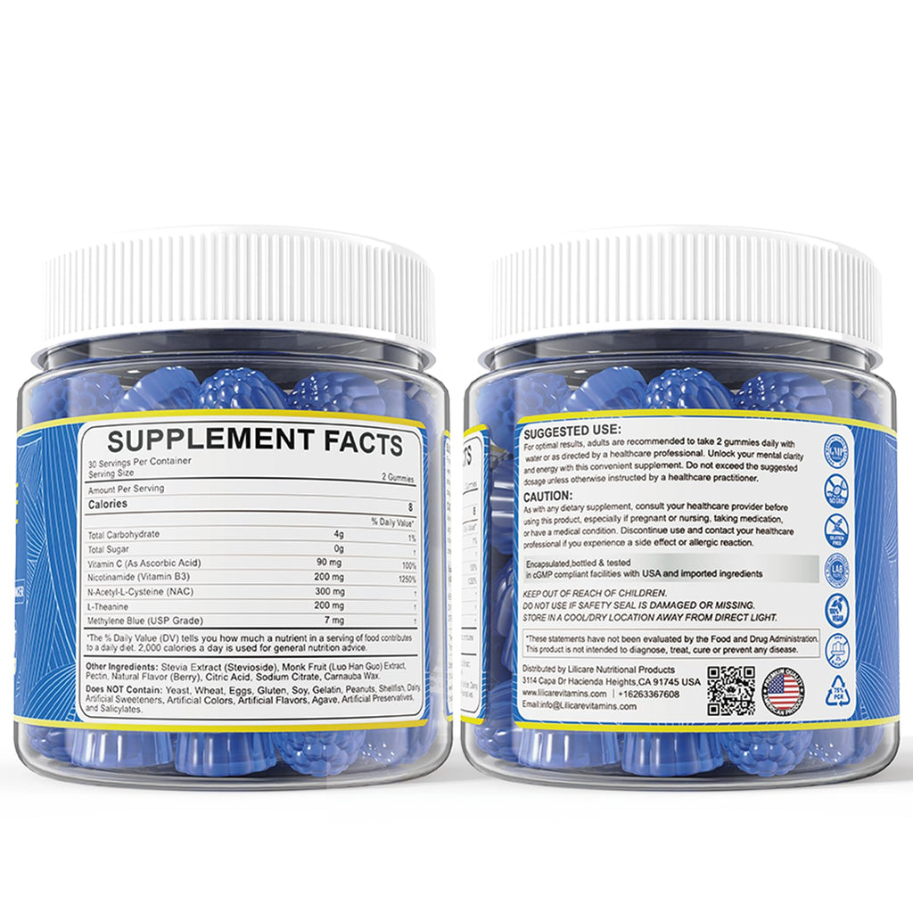 LILICARE Methylene Blue Gummies 7mg Per Serving for Humans | Upgraded Antioxidant & Brain Booster Supplement for Cognitive Function, Energy