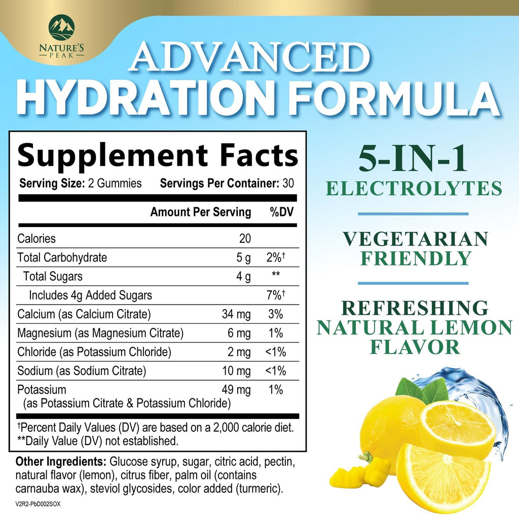 Hydration Electrolyte Gummies - Daily Liquid Replenisher Gummy - Electrolyte Multiplier with Minerals, Potassium & Real Salt - Vegan, Non-GMO - Tasty Lemon Flavor Hydration Electrolytes - 60 Gummies