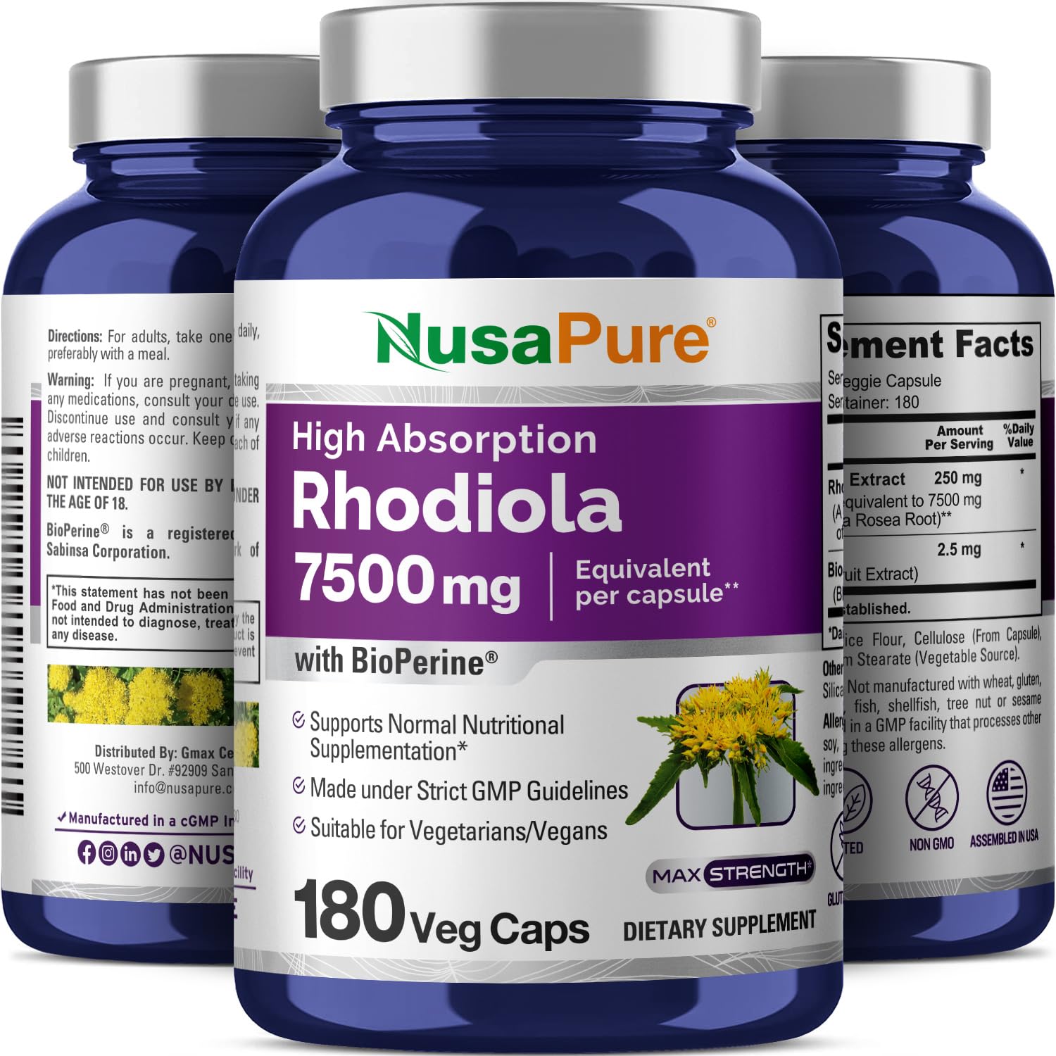 NusaPure Rhodiola Rosea 7,500mg 180 Veggie Capsules (Non-GMO, Extract 30:1, Vegan & Gluten-Free) Bioperine NusaPure Au supplements