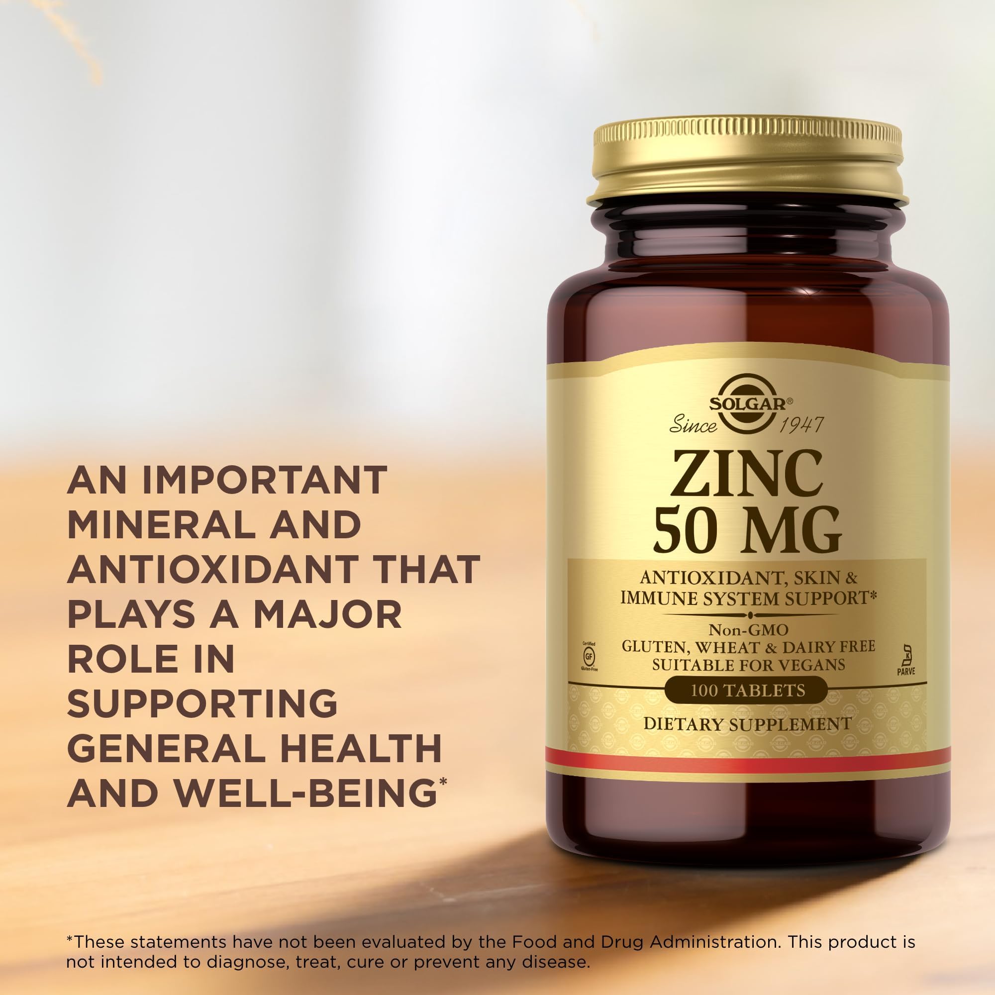 Solgar Zinc 50 mg, 100 Tablets - Zinc for Healthy Skin, Taste & Vision - Immune System & Antioxidant Support - Supports Cell Growth & DNA Formation