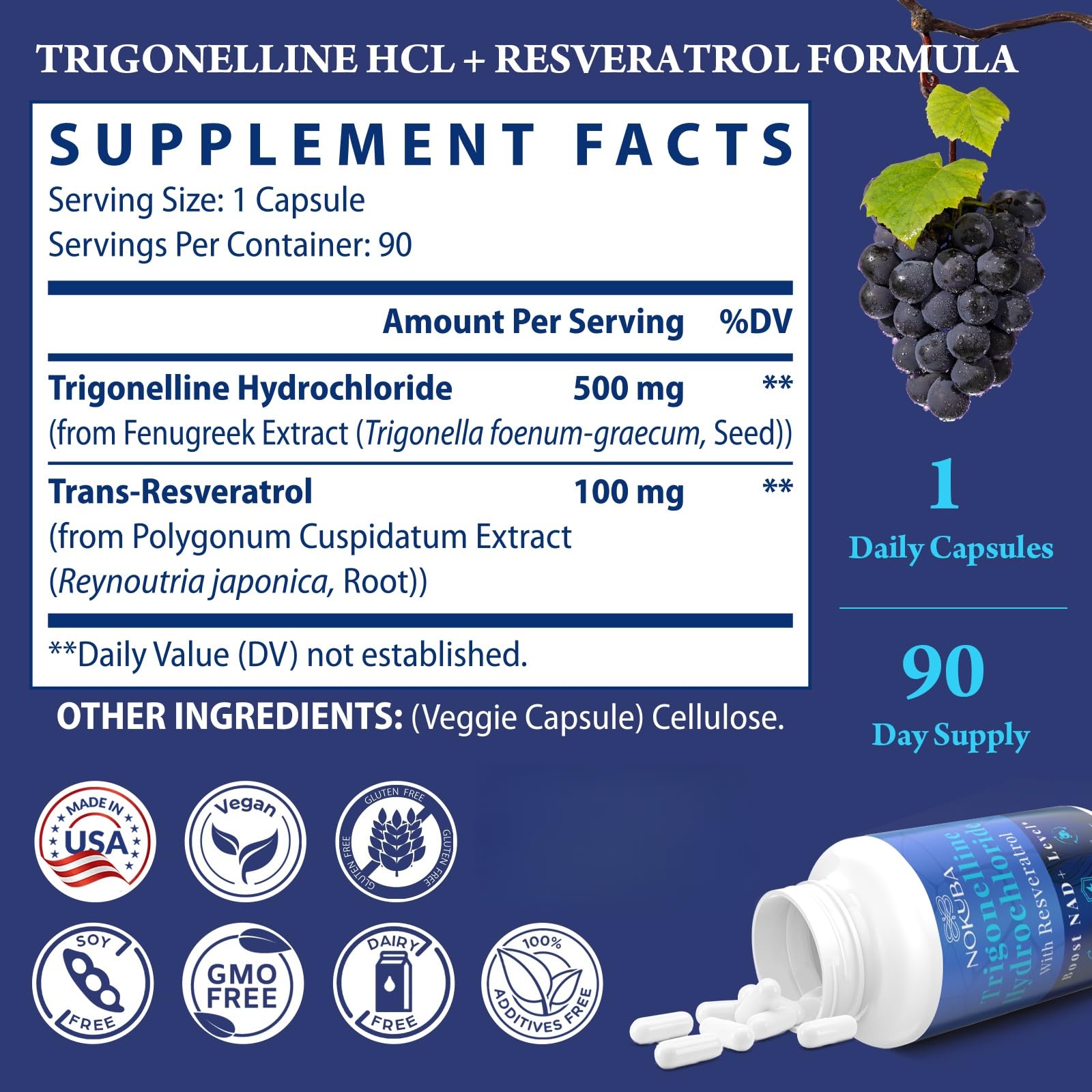 Nokuba NAD Supplement - NMNH Alternative with Trigonelline HCL 500mg & Resveratrol - NAD+ Precursors Plant Extraction - Support Cellular Energy & Healthy Aging & Brain for Women & Men - 90 Capsules Nokuba Au supplements