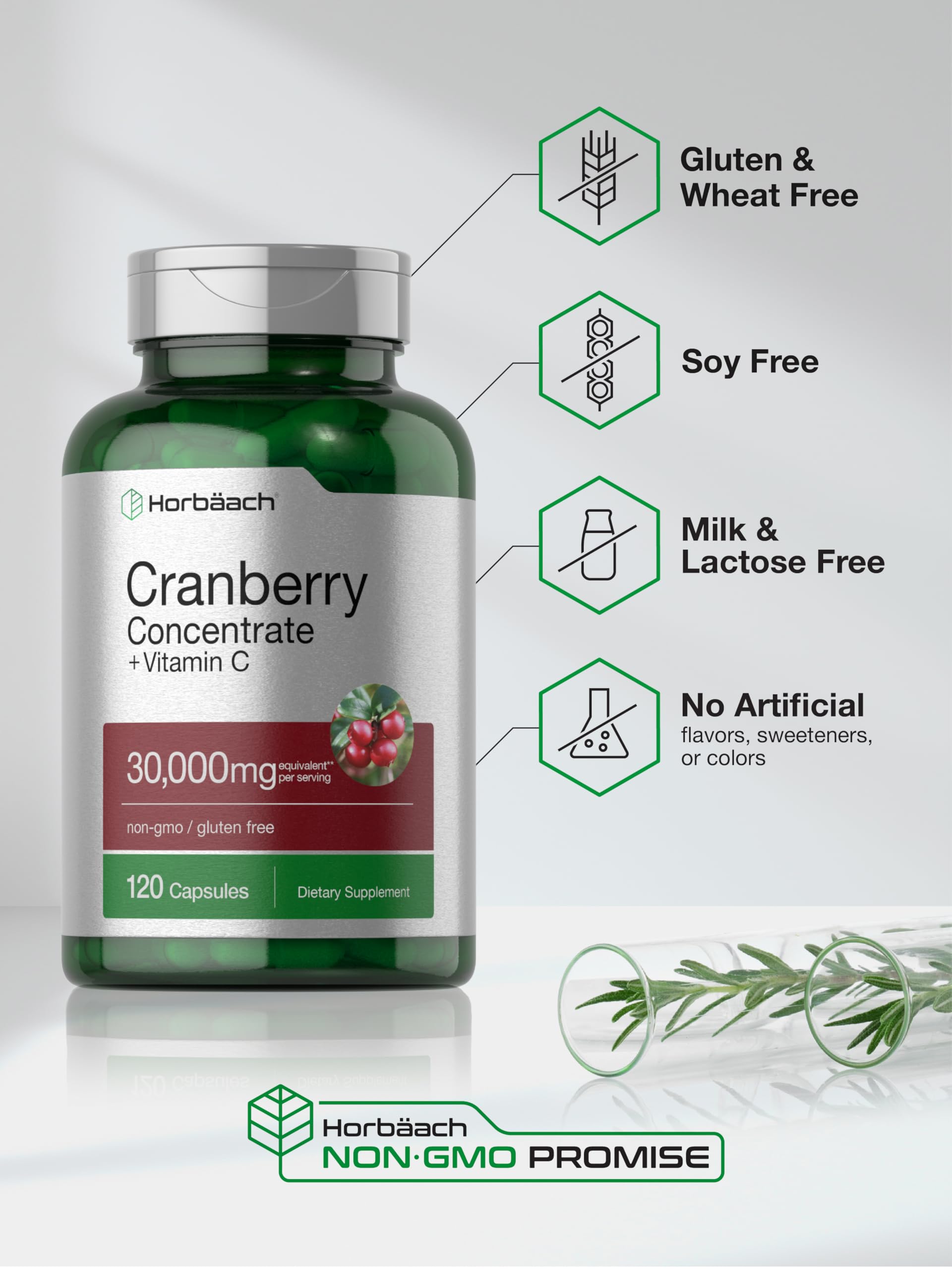 Horbäach Cranberry Concentrate Extract Pills + Vitamin C | 120 Capsules | Supplement for Women and Men | Triple Strength Ultimate Potency Formula
