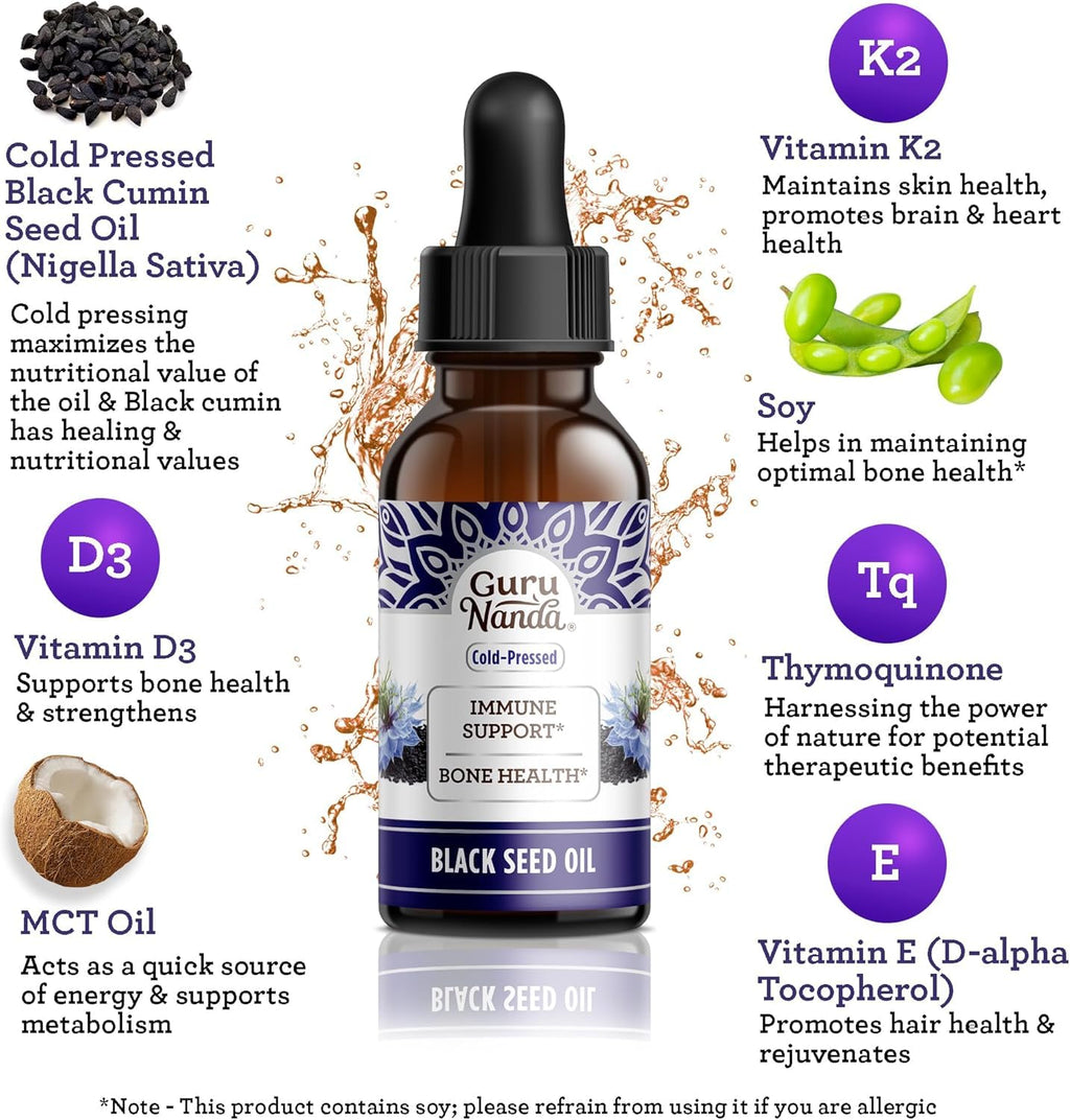 GuruNanda Black Seed Oil, Cold-Pressed Nigella Sativa - Rich in Vitamin D3 5000 Units, K2 & E, High Thymoquinone | Potent Antioxidant