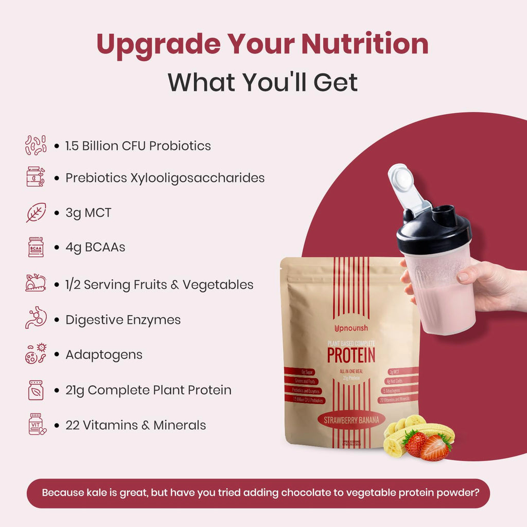 UpNourish Strawberry Banana Vegan Protein Powder 54 Superfoods Powder,1.5 Billion CFU Probiotics 21g Plant Based Protein,No Sugar No Dairy No GMO Dairy Free,Meal Replacement Shake Keto-Friendly Low-Carb Diet,15 Servings UpNourish Au supplements
