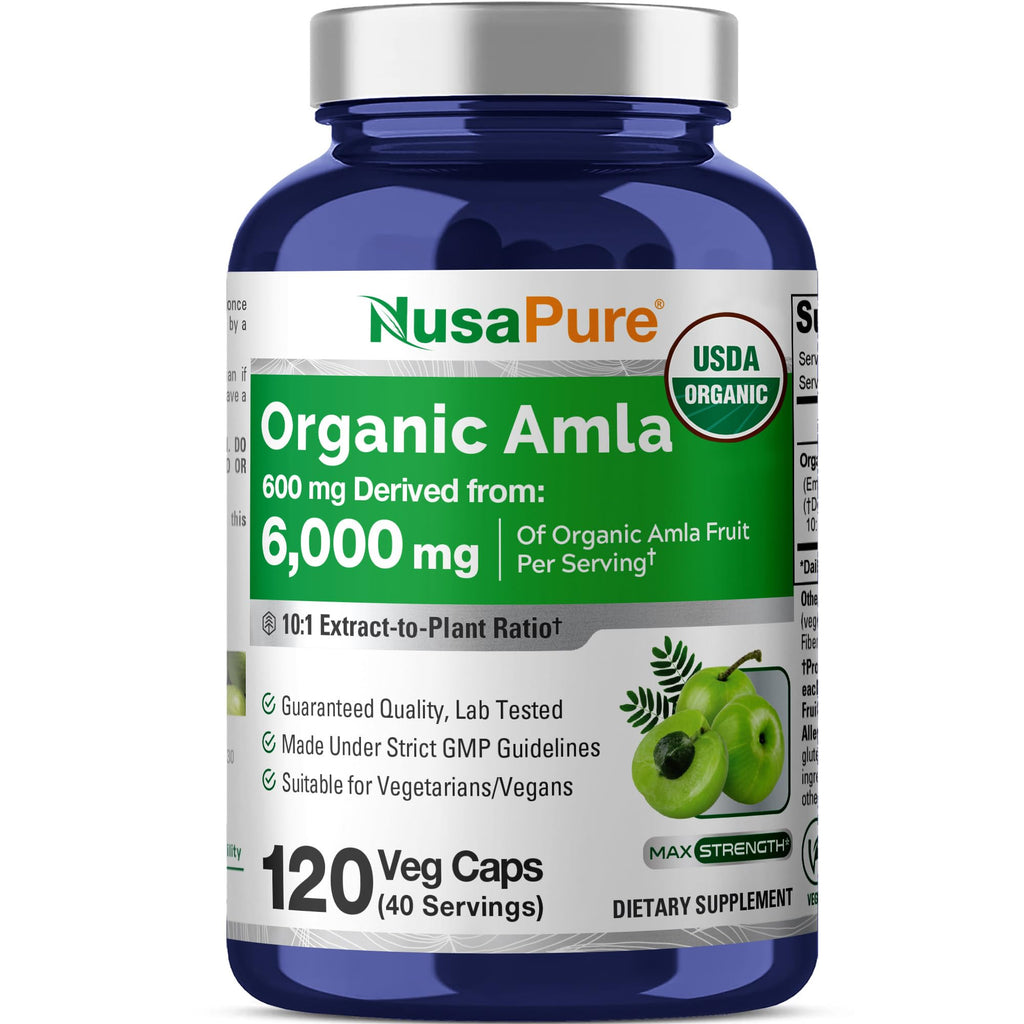 NusaPure Organic Amla Capsules 10:1 Extract, 600 mg Equivalent to 6,000mg | 120 Count | Amalaki Fruit | USDA, Vegan, Non-GMO Supplement NusaPure Au supplements