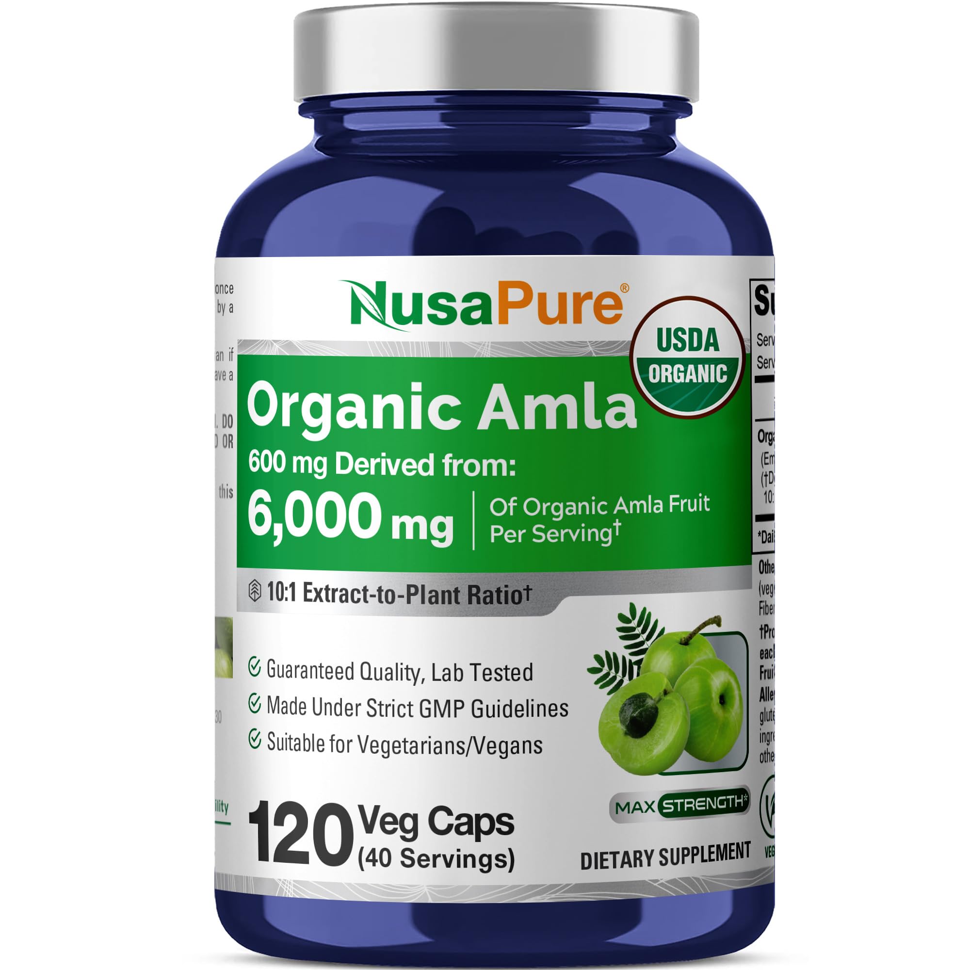 NusaPure Organic Amla Capsules 10:1 Extract, 600 mg Equivalent to 6,000mg | 120 Count | Amalaki Fruit | USDA, Vegan, Non-GMO Supplement NusaPure Au supplements