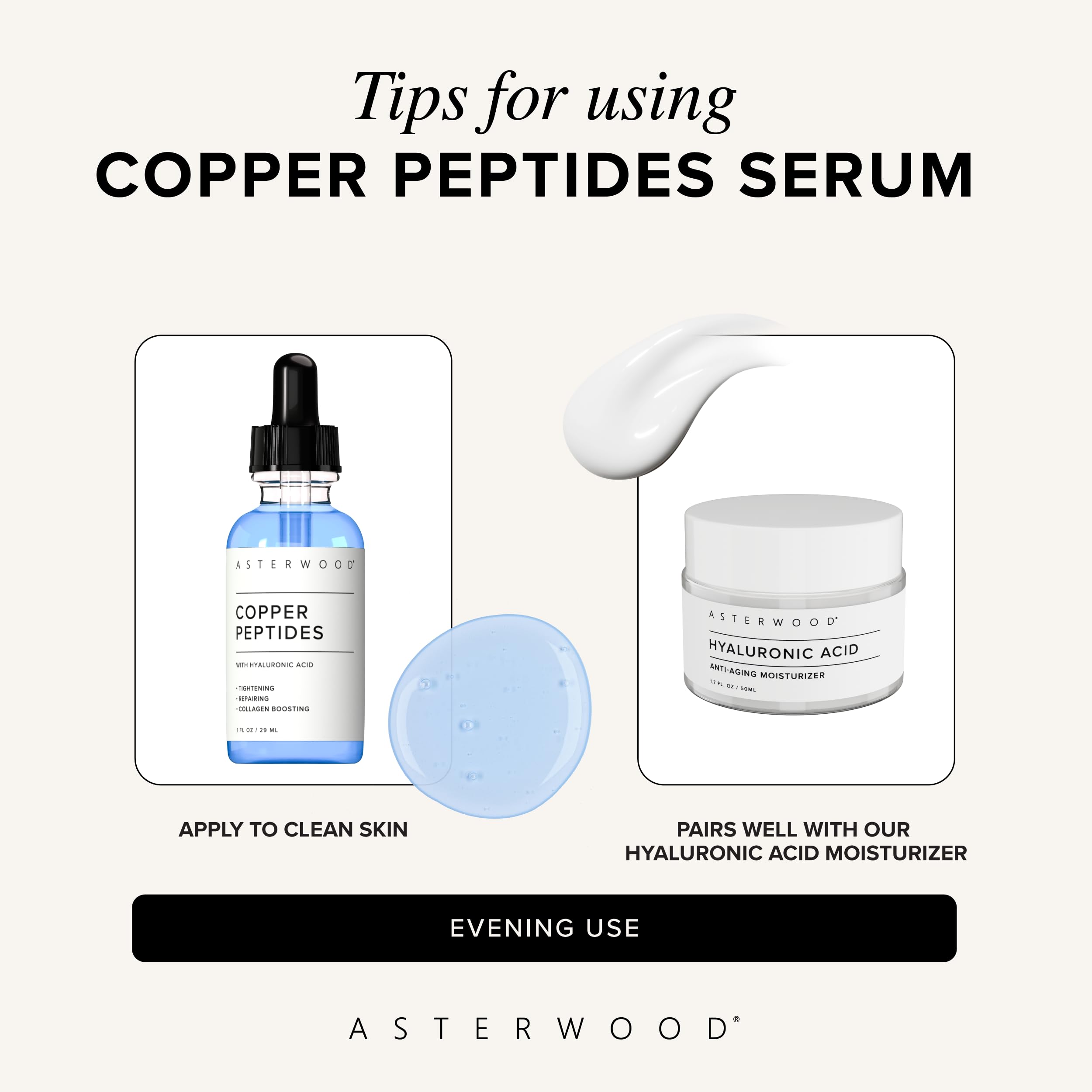 Asterwood Copper Peptides Serum for Face - with GHK-Cu Peptide and Hyaluronic Acid - Anti-Aging Facial Serum - 1 Fl Oz