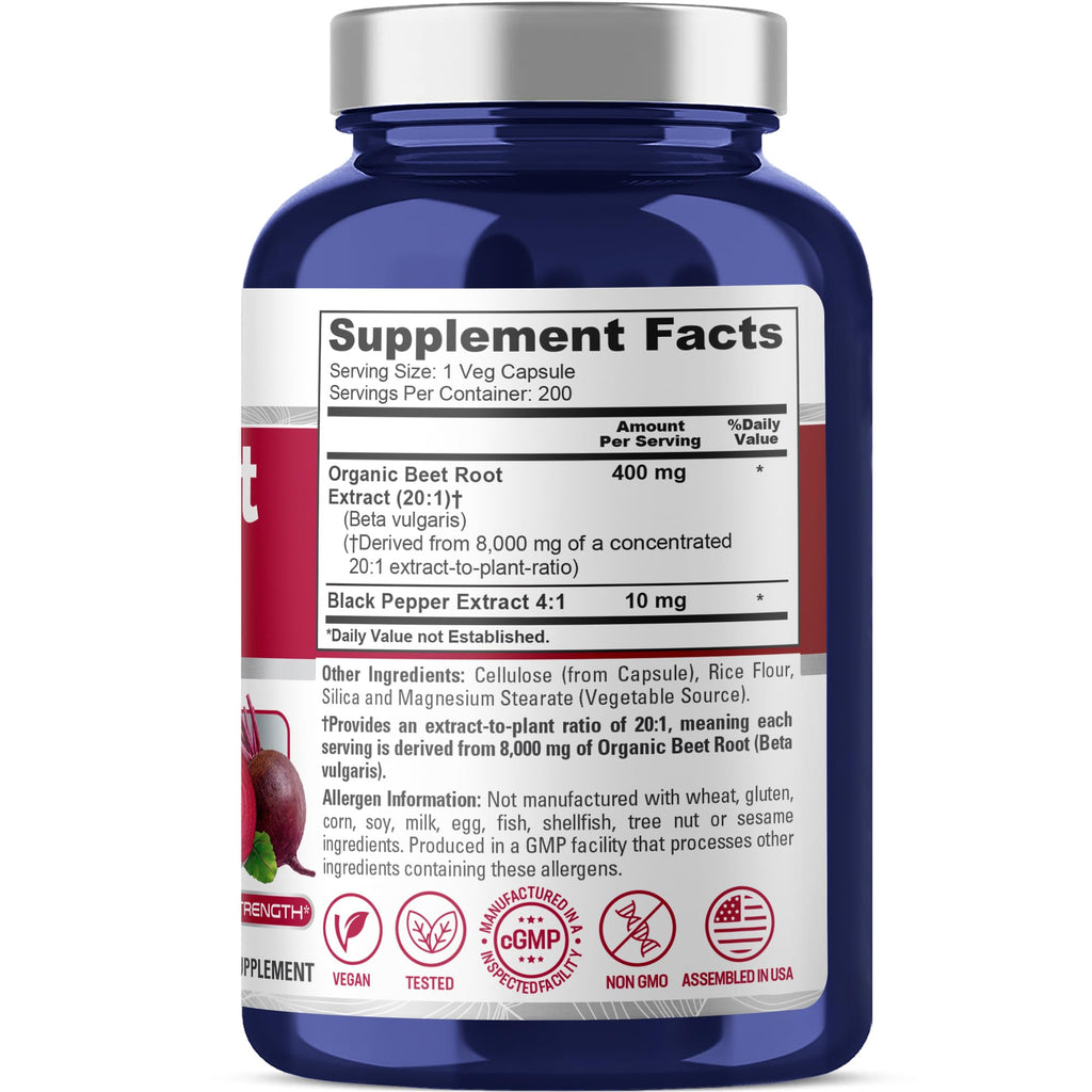 NusaPure Organic Beet Root 20:1 Extract, 400 mg Equivalent to 8,000 mg - Black Pepper 4:1 Extract, 10 mg - 200 Veggie caps (Vegan, Non-GMO) NusaPure Au supplements