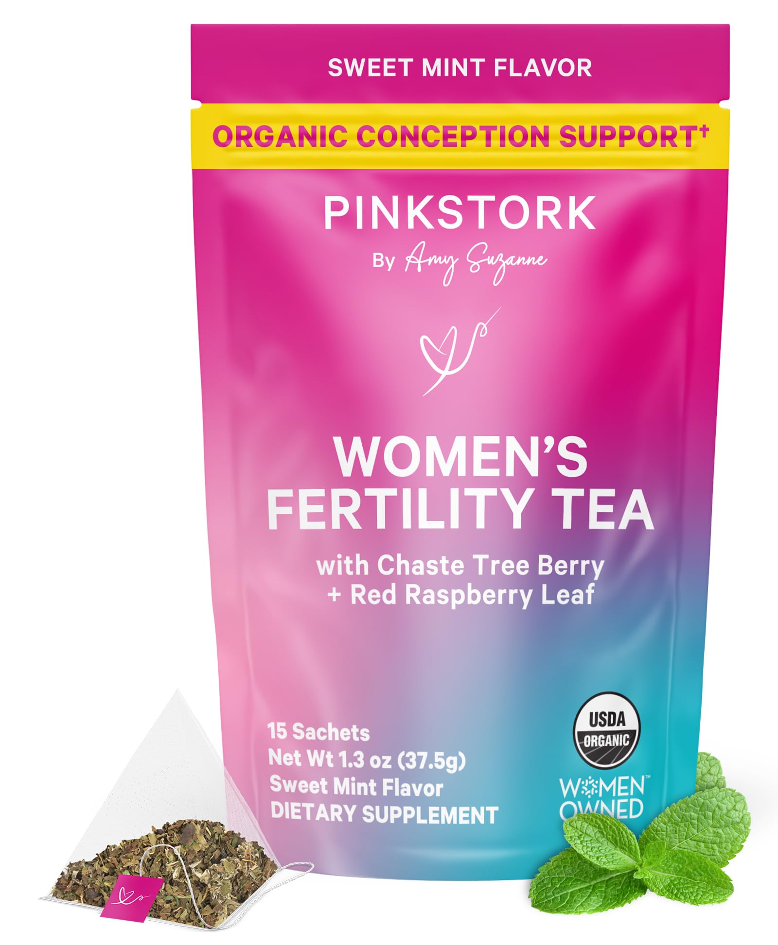 Pink Stork Organic Fertility Tea for Women | Fertility Supplements for Women with Chaste Tree Berry (Vitex) + Red Raspberry Leaf | Hormone Balance Herbal Tea for Conception Support | USDA Organic, Caffeine Free - Sweet Mint, 15 Sachets Pink Stork Au supplements