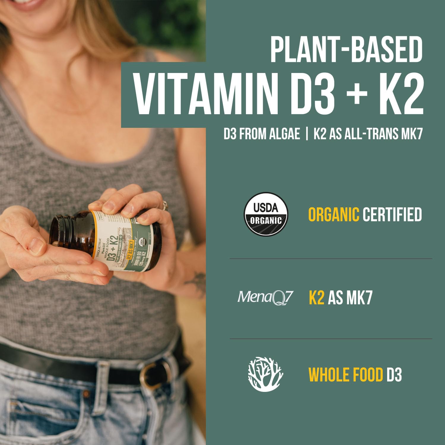 Organic Plant D3 + K2 | 5000 iu D3 + 120 mcg K2 as All-Trans MK7 from MenaQ7® - 100% Whole Food, Raw & Vegan | Enhanced Digestion with Prebiotic