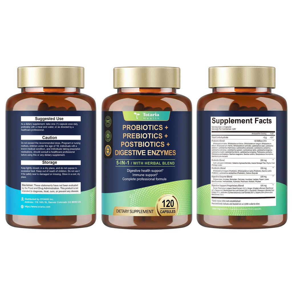 Totaria 5-in-1 60 Billion CFU Probiotic Prebiotic & Postbiotic for Women & Men, w/Digestive Enzymes, Slippery Elm, Daily Complete Gut Health,