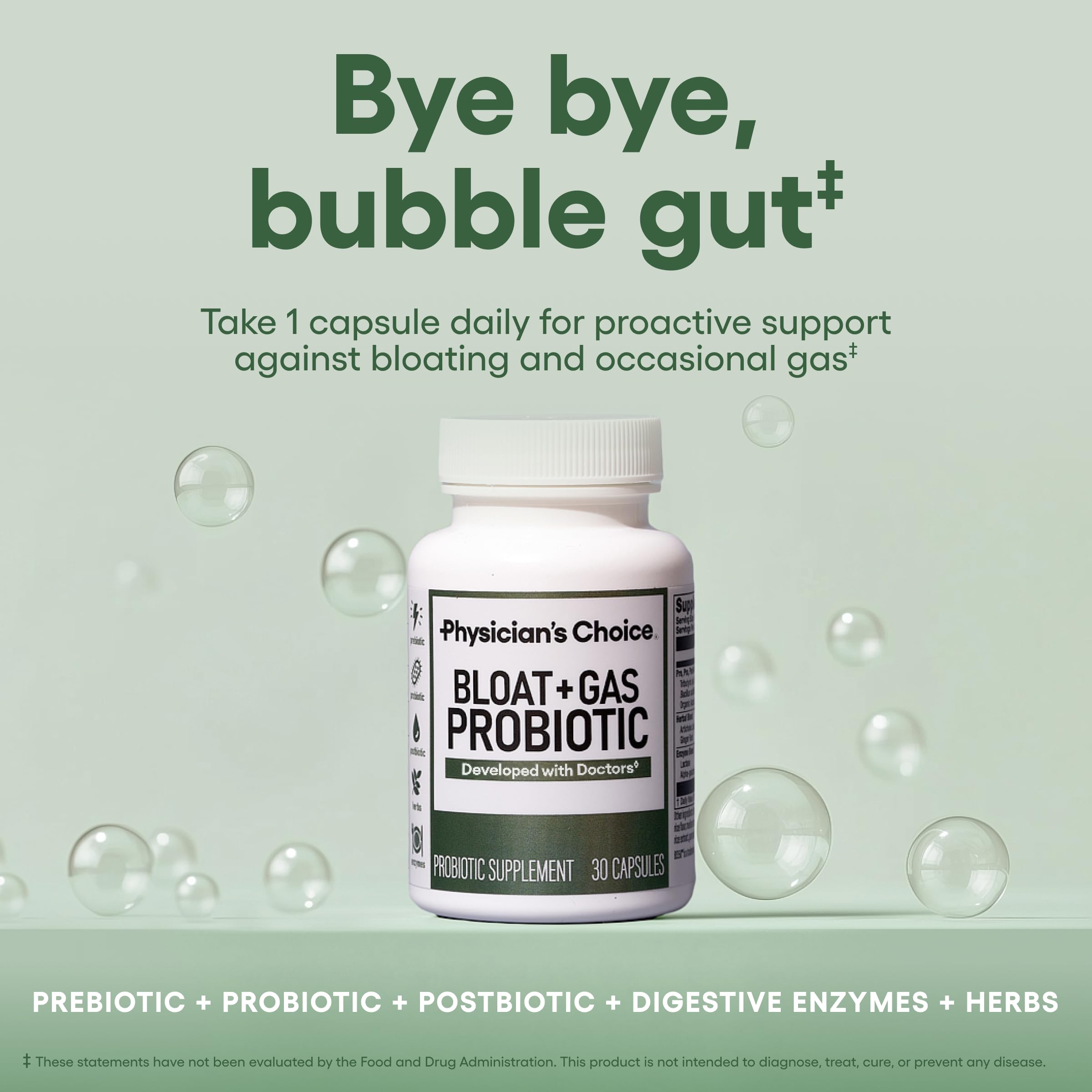Physician's CHOICE Bloat & Gas Probiotic 5-in-1 Proactive Support + Daily Relief - Digestion & Gut Health- Herbals, Digestive Enzymes, Post & Prebiotics