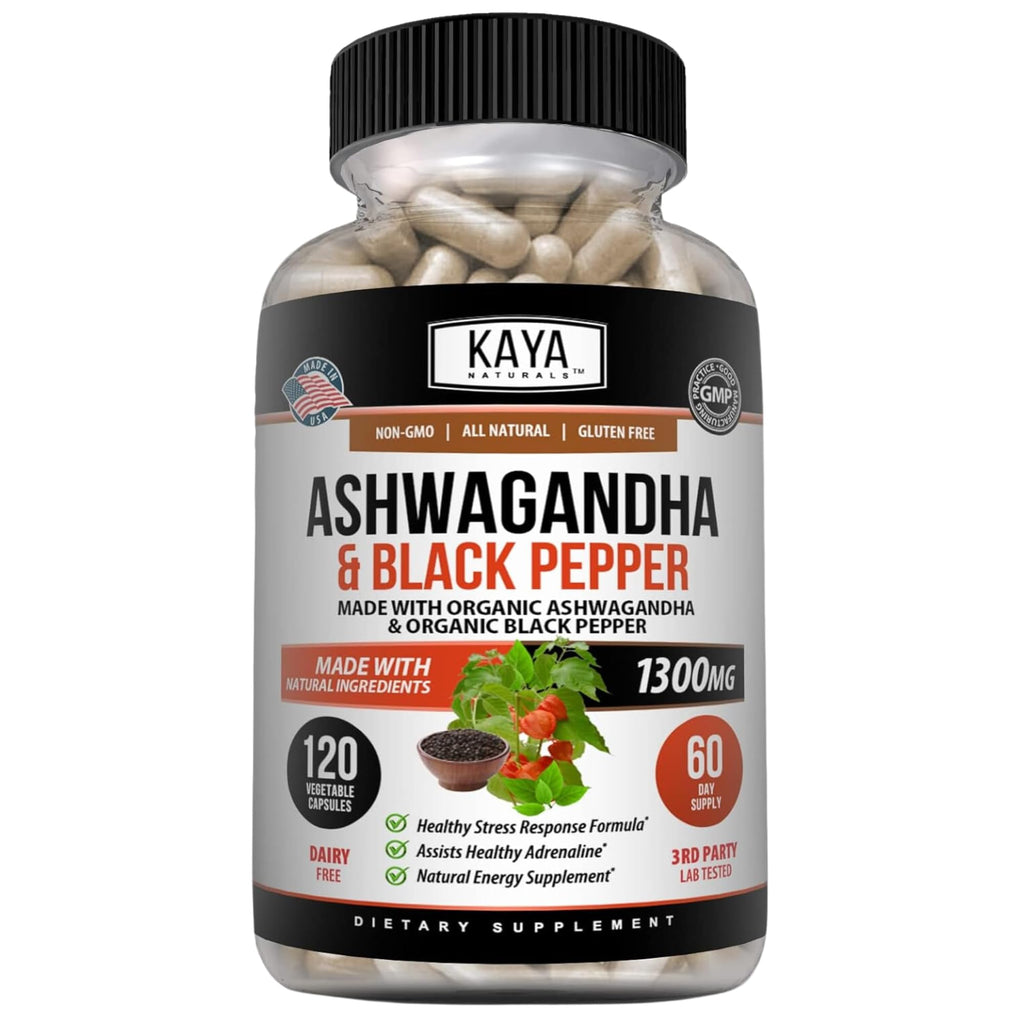 Kaya Naturals Ashwagandha 1300mg, 120 Count Capsules for Stress Relief, Adrenal, Mood & Thyroid Support, Black Pepper and 100% Pure Ashwagandha -120 Capsules Kaya Naturals Au supplements