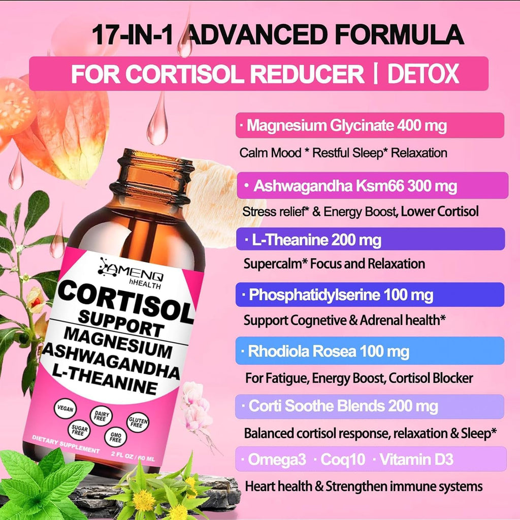 Cortisol Supplement Liquid Drops, 17-in-1 Cortisol Reducer w. Ksm-66 Ashwagandha Theanine Rhodiola Rosea Magnesium Phosphatidylserine, Hormone Balanced & Lower Cortisol for Women Calm* Relaxation AMENQ hHEALTH Au supplements