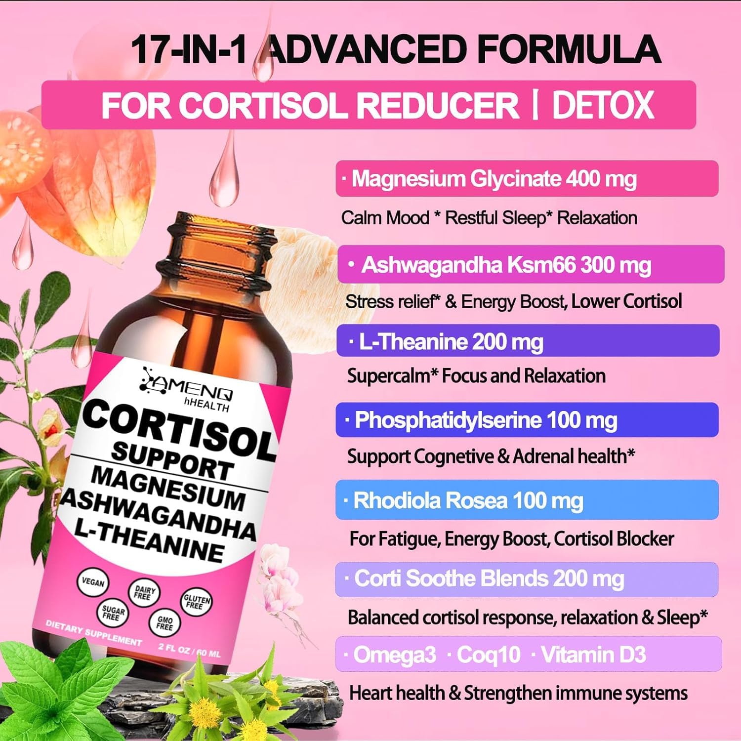 Cortisol Supplement Liquid Drops, 17-in-1 Cortisol Reducer w. Ksm-66 Ashwagandha Theanine Rhodiola Rosea Magnesium Phosphatidylserine, Hormone Balanced & Lower Cortisol for Women Calm* Relaxation AMENQ hHEALTH Au supplements